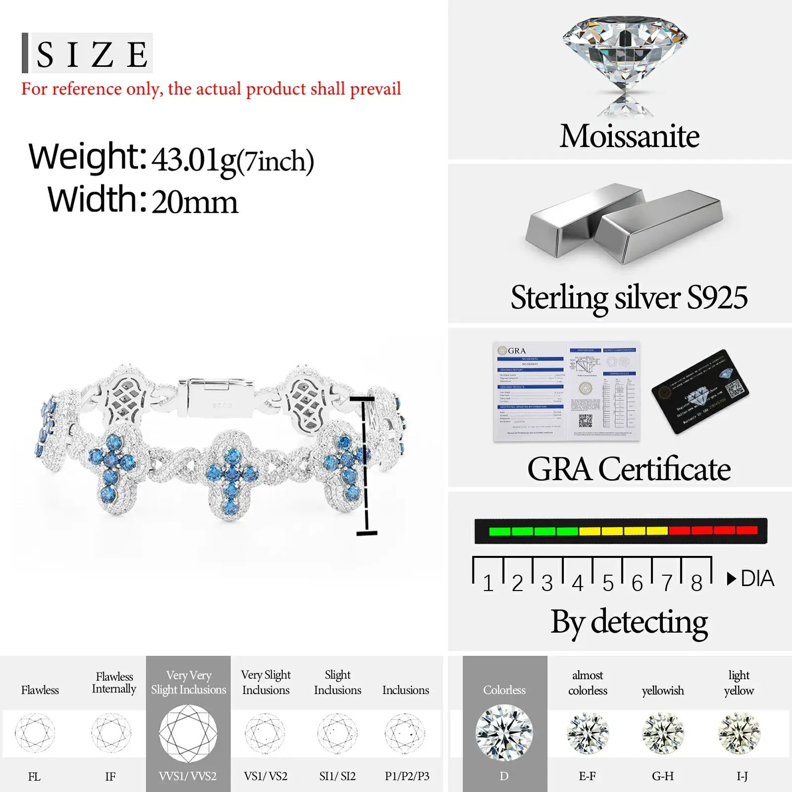 Detailed size chart for white gold infinity cross bracelet - 20mm width, S925 material, VVS moissanite grade specifications