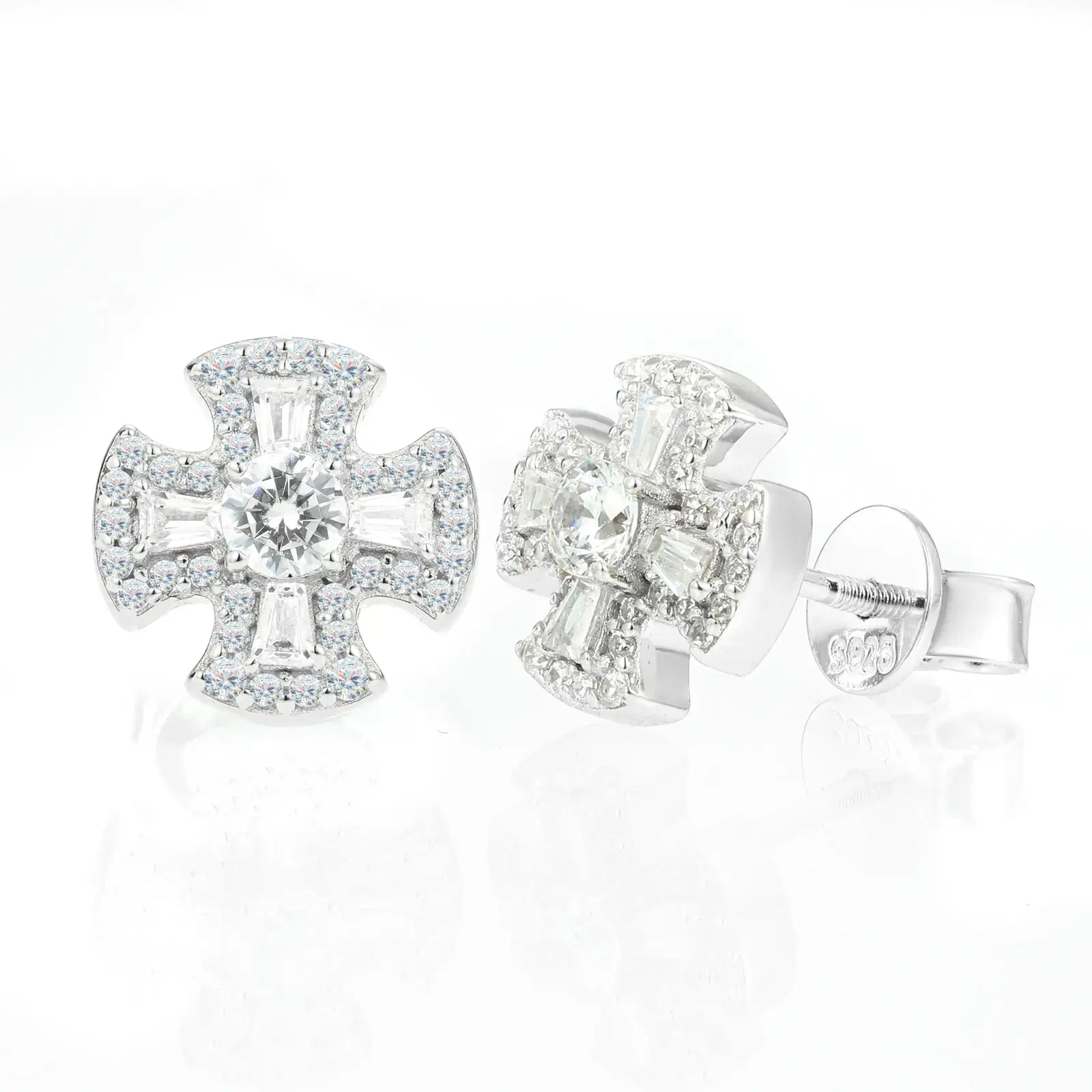 White gold Canterbury cross stud earrings isolated on white background - 925 sterling silver moissanite religious jewelry with premium finish
