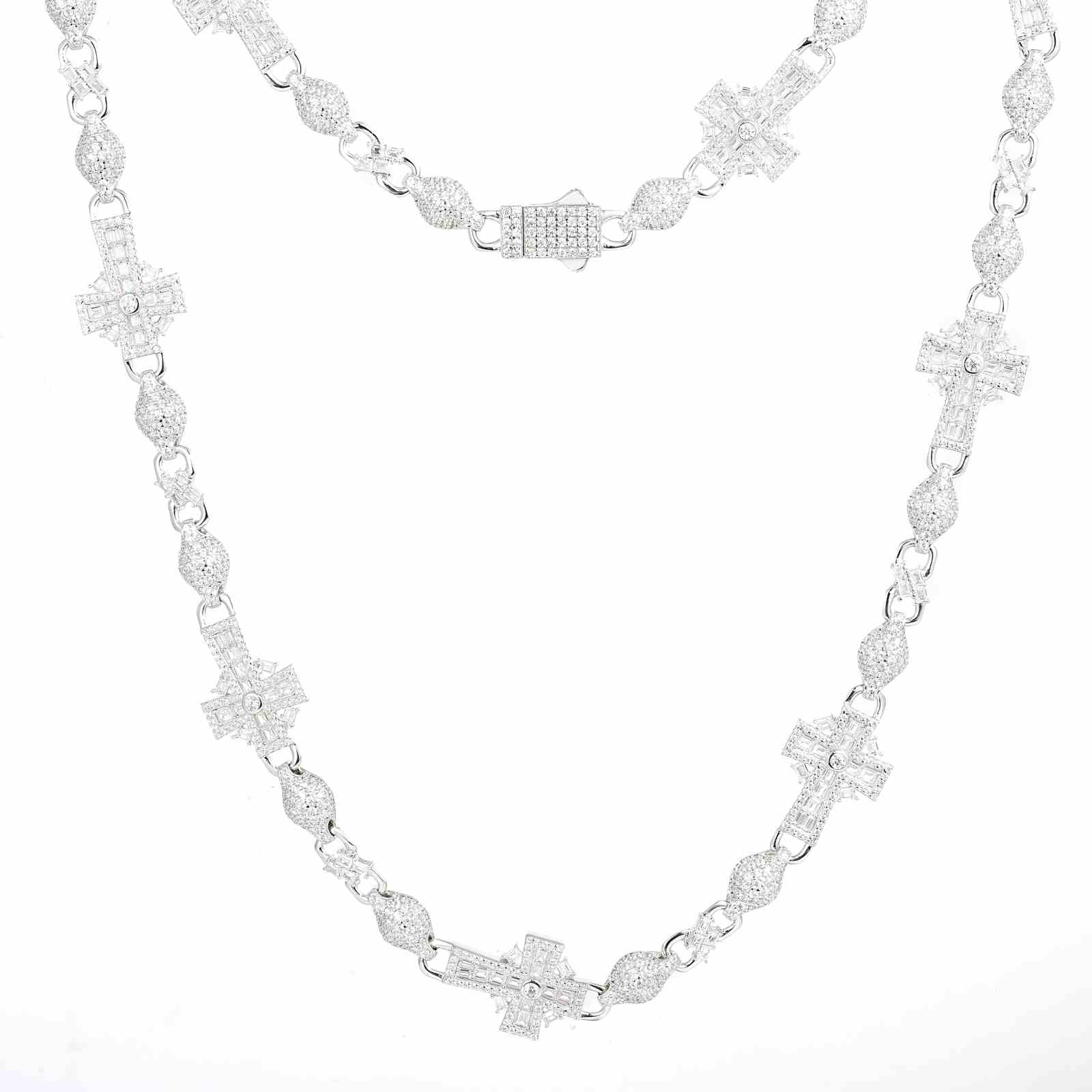 White gold-plated chain with Celtic Cross pendant displayed flat, showing full-pave moissanite setting and clasp mechanism