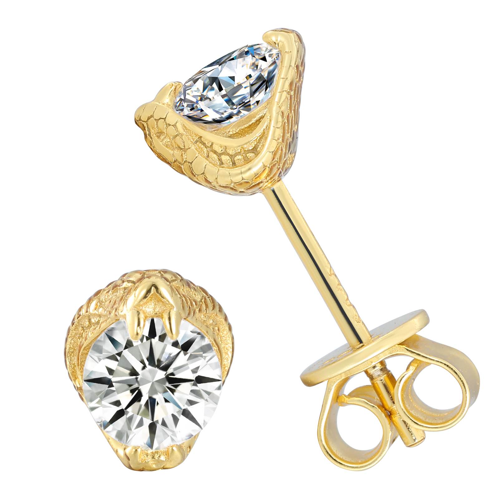 White gold plated cobra stud earrings on white background, showcasing cool-toned metal finish and solitaire moissanite’s brilliance for luxury hip hop styling