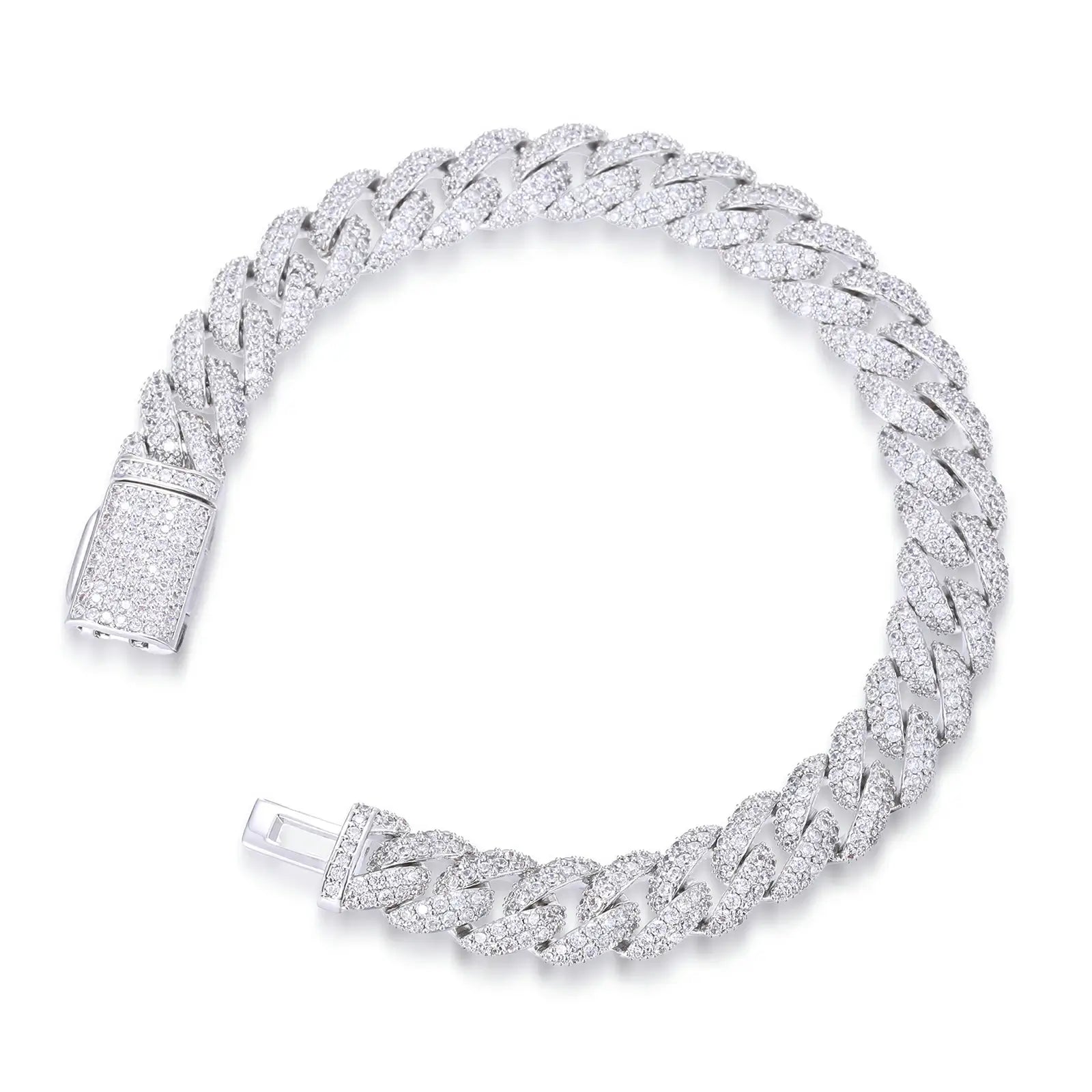 White gold Cuban link bracelet isolated on white background, highlighting brilliant CZ stones and luxurious 10mm bubble link design.