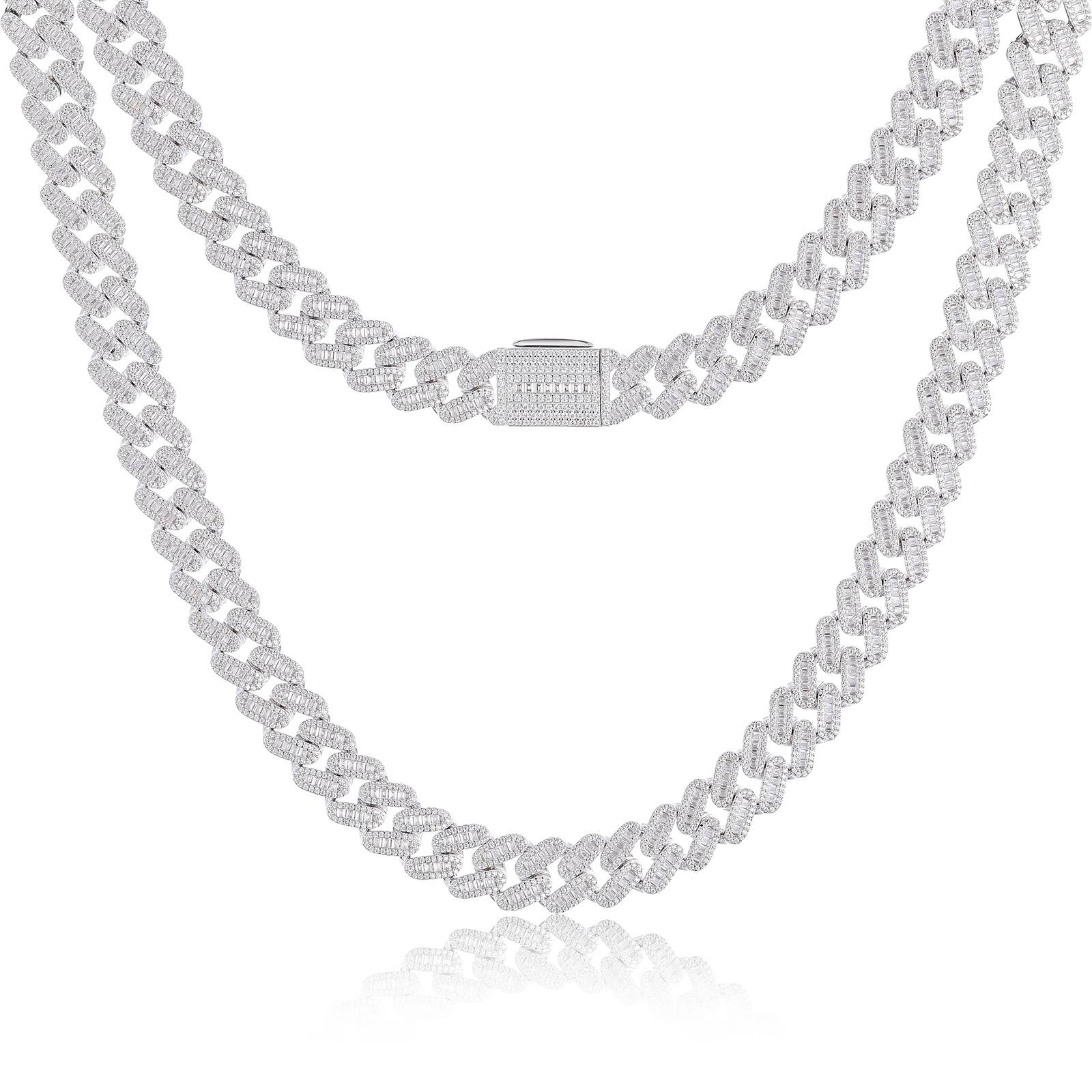 Studio flatlay of white gold Cuban chain on white background, emphasizing seamless gem alignment and clasp mechanics.