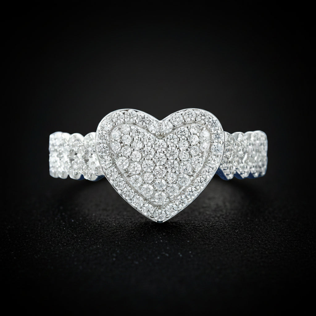 Front view: White gold Cuban-side heart ring on Mediterranean blue table - double-layer 11.50 CT moissanite design | Waterproof S925