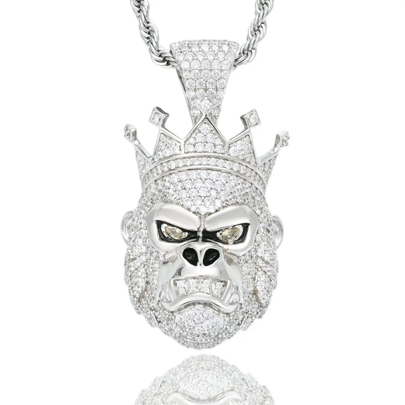 White gold gorilla king pendant isolated on white background - full moissanite pave setting with intense sparkle and detail