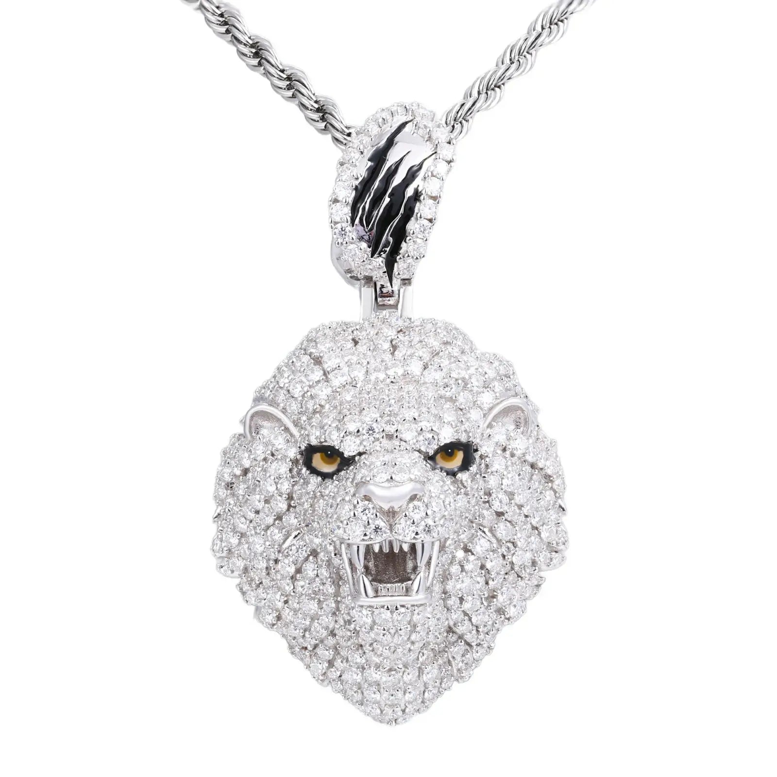 White gold lion head pendant isolated on white background - micro pave moissanite stones sparkling with intense brilliance