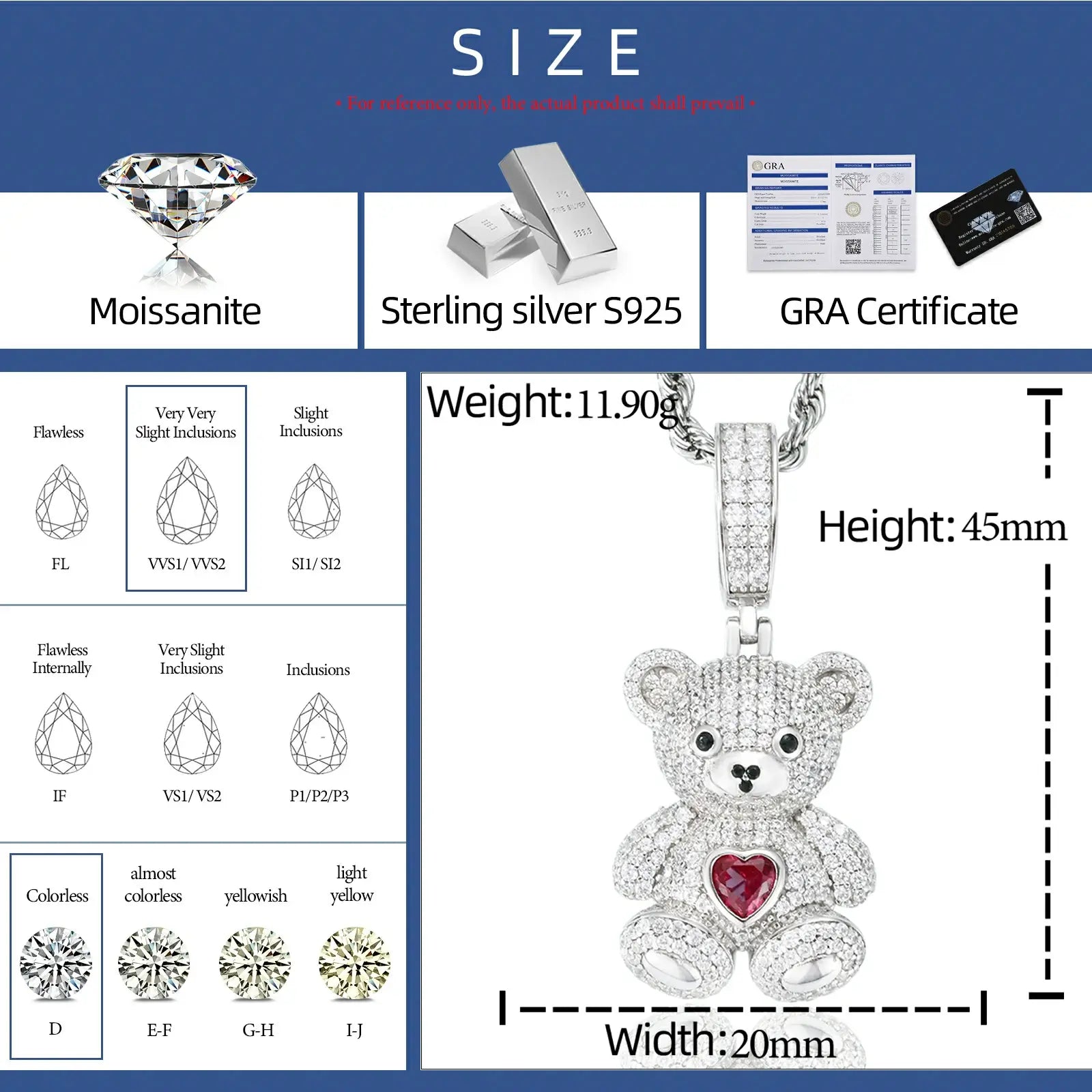Detailed size chart for white gold bear pendant - measurements, S925 sterling silver material, and VVS moissanite grade