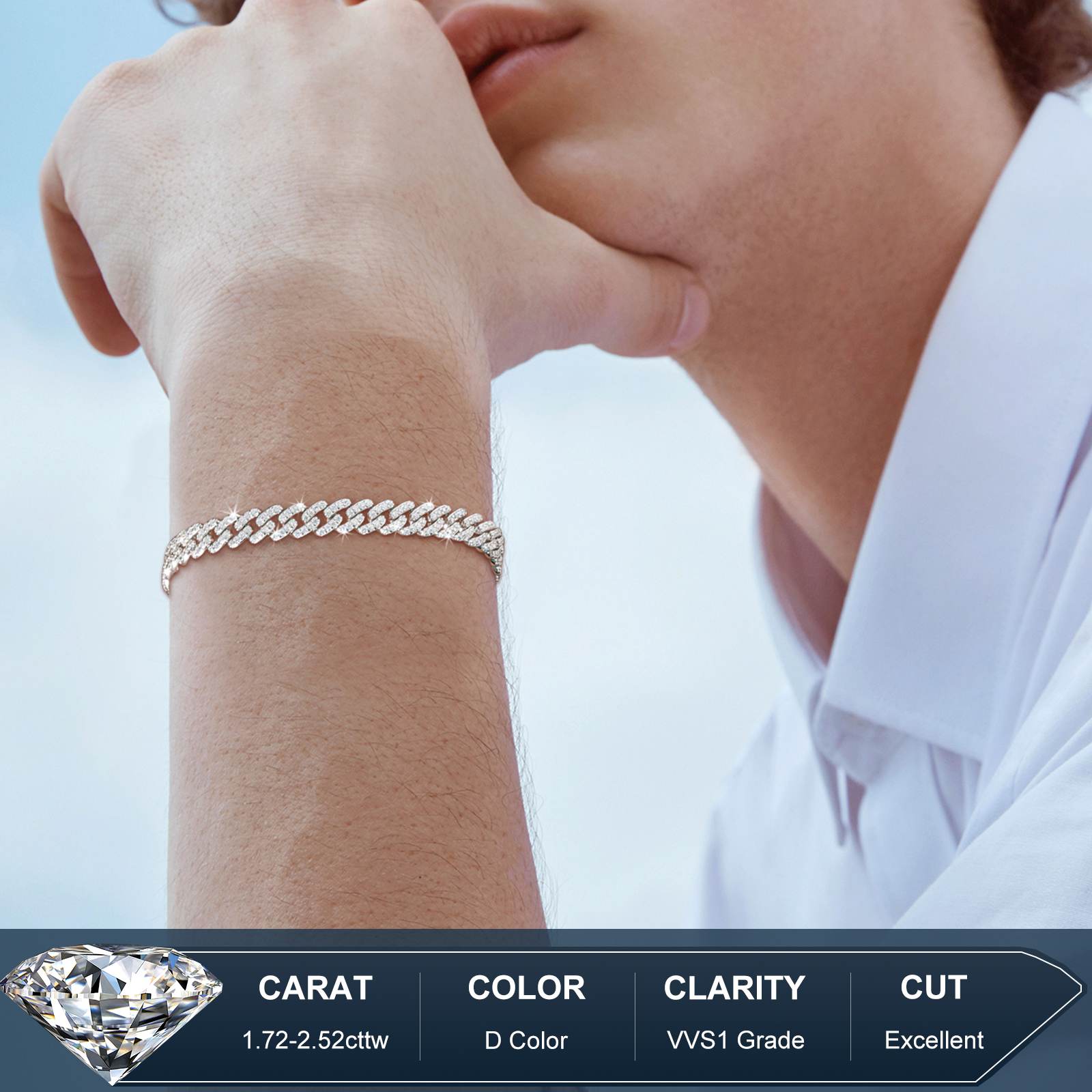 White gold 6mm Cuban bracelet on wrist: Hypoallergenic gold plating, scratch-resistant Moissanite stones, paired with cargo pants and chains for modern hip-hop aesthetics.