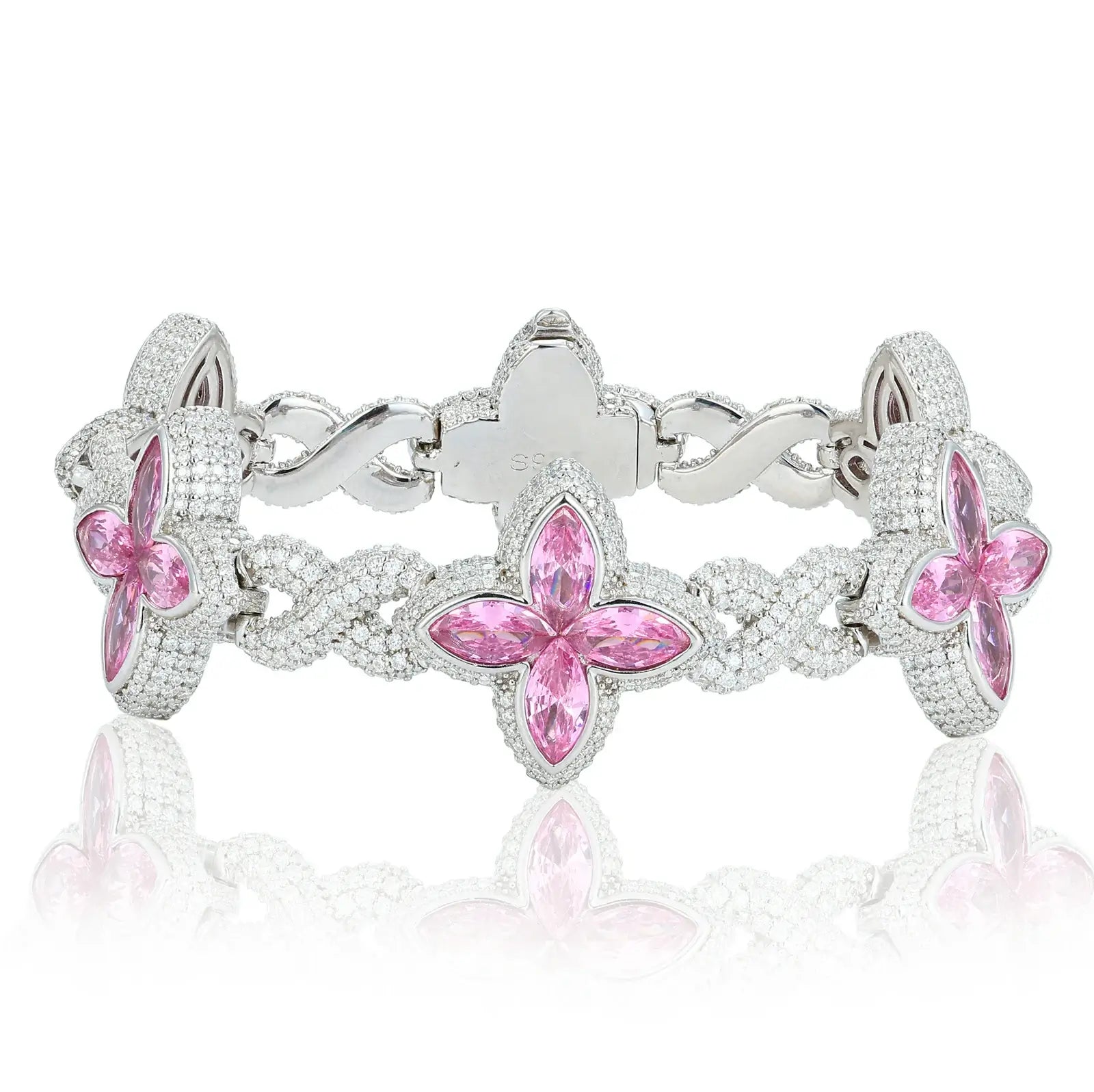 Pink four-leaf clover bracelet on white background - colorful zircon center with moissanite frame | Waterproof S925