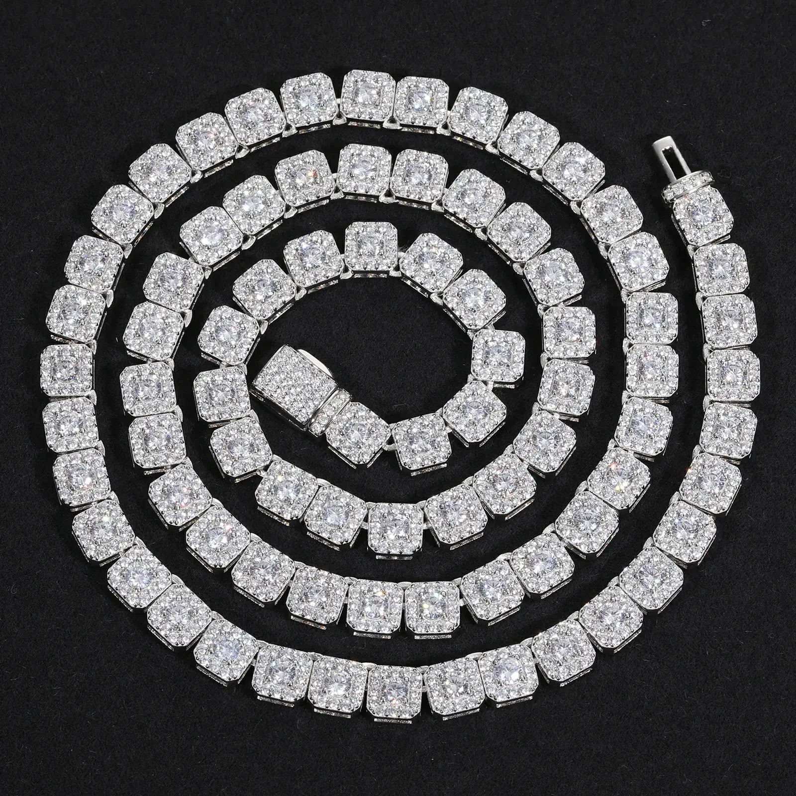 6mm white gold tennis chain in spiral formation on black - square halo moissanite geometric art | S925 silver craftsmanship