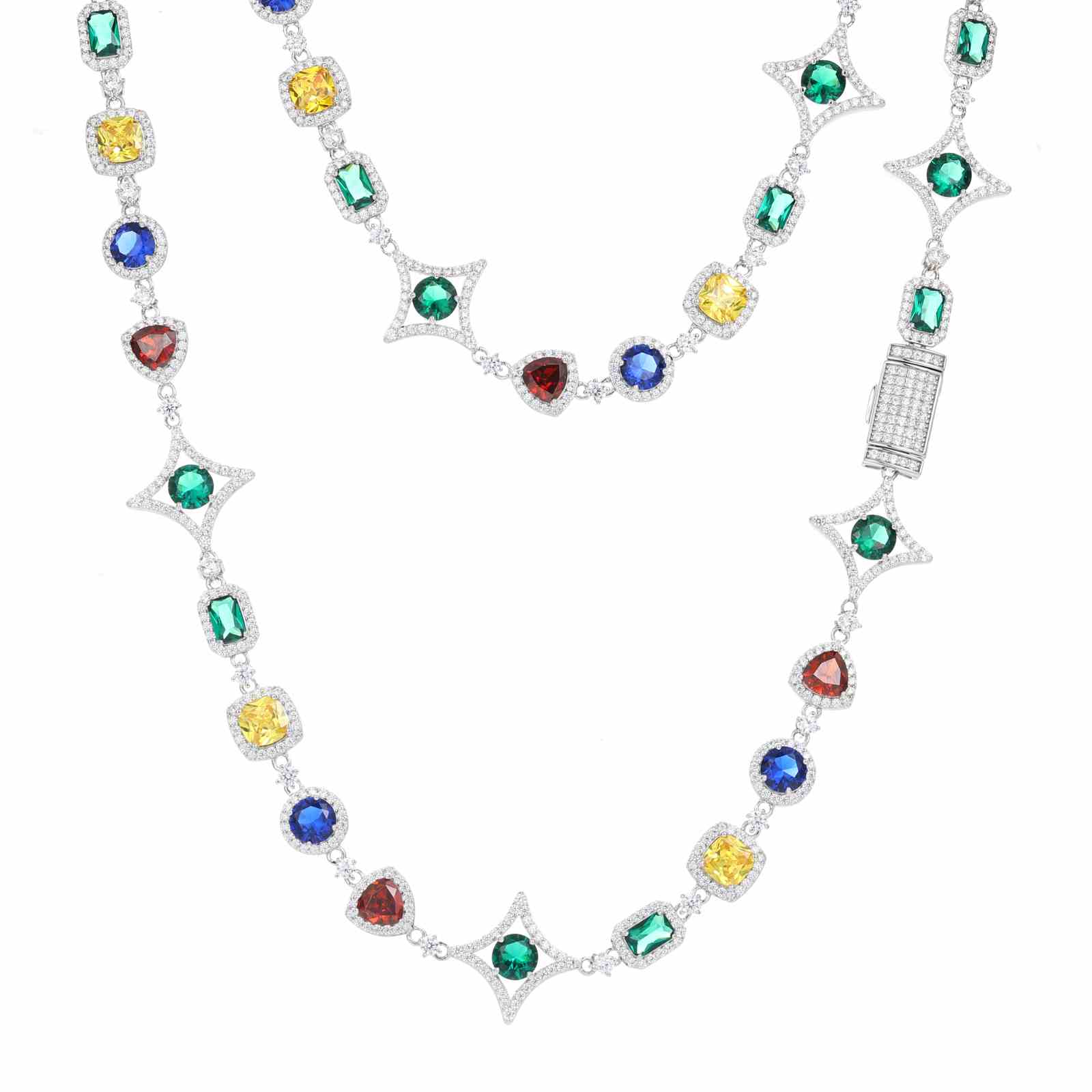 Flatlay of white gold chain showing alternating moissanite halo links and colored zirconia star pendants for customization