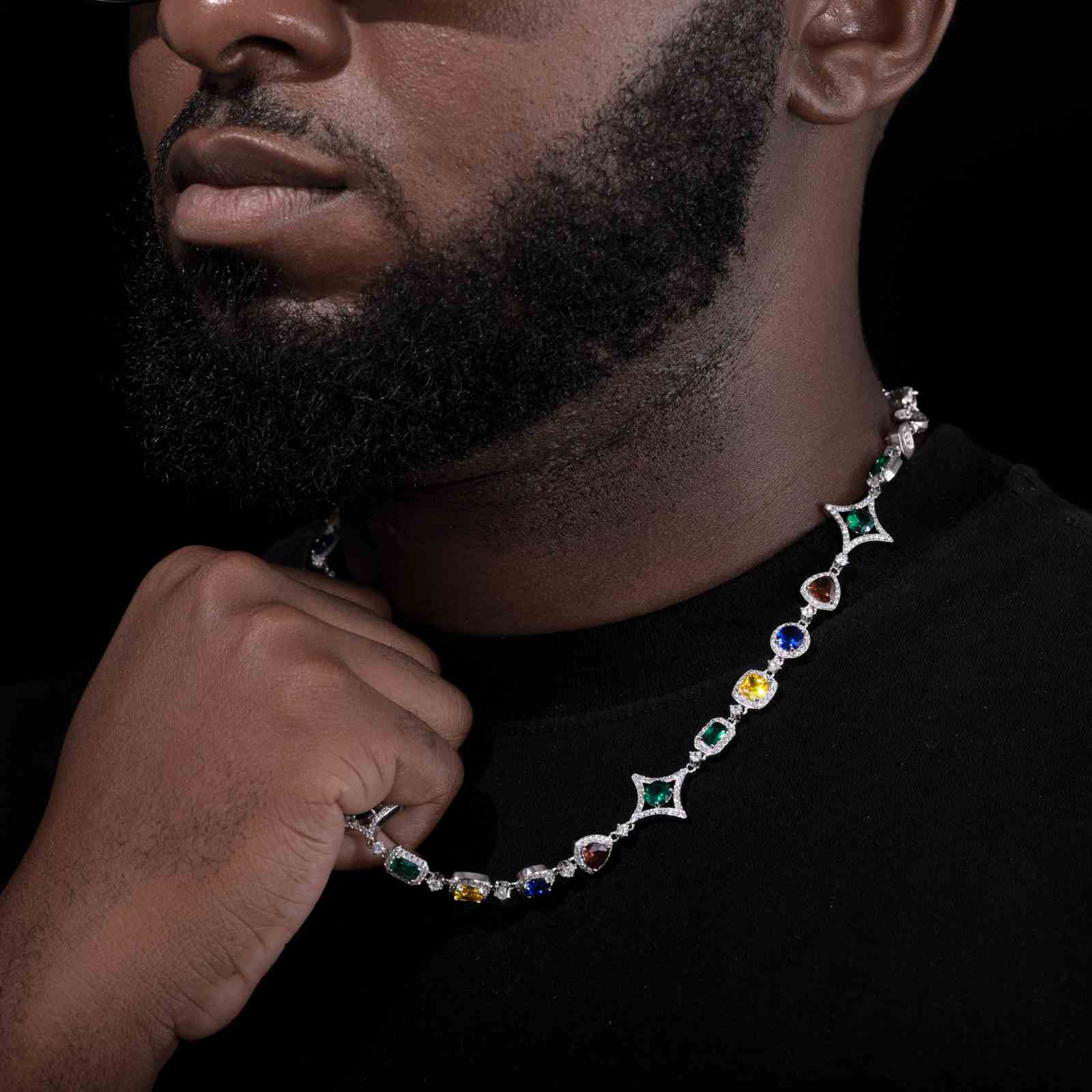 Male model styling the white gold-plated Star Halo Chain over a distressed denim jacket, embodying 90s hip-hop revival aesthetics
