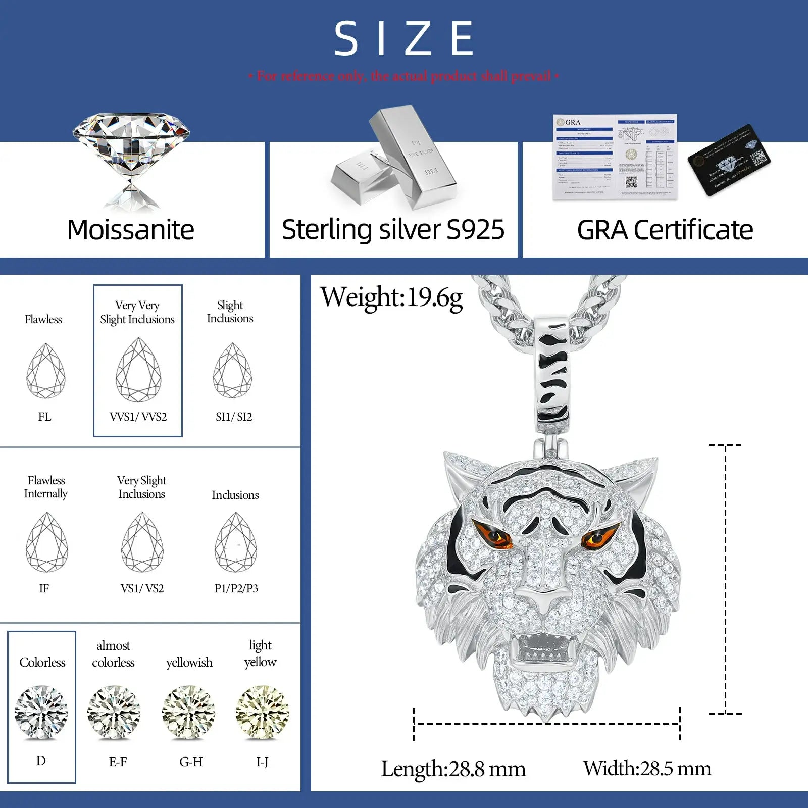 Exact dimensions of 3D tiger head pendant using digital calipers (height 2.8cm, width 2.8cm) with moissanite density 19.6g.