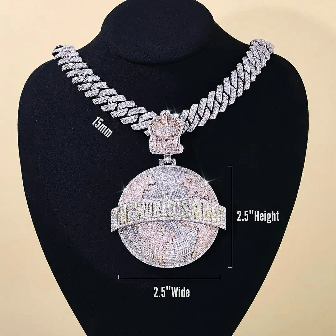 THE WORLD IS YOURS" custom pendant on Cuban chain necklace displayed on jewelry dummy - size reference for S925 moissanite statement piece