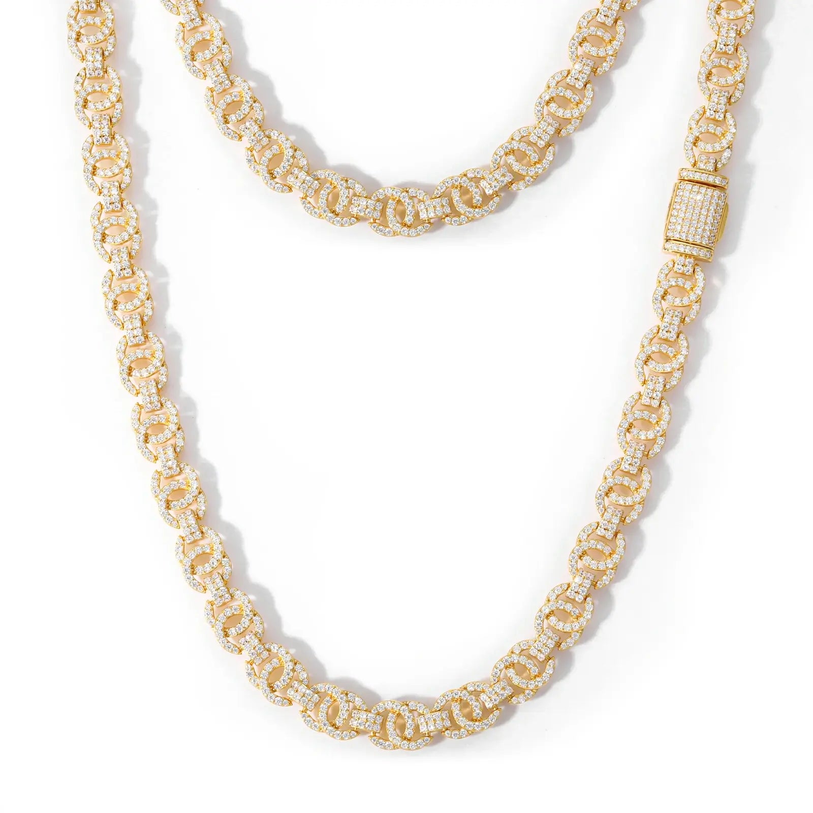 Luxury 10mm S925 moissanite chain in yellow gold finish - scratch-resistant plating for daily wear | Studio isolated clean background