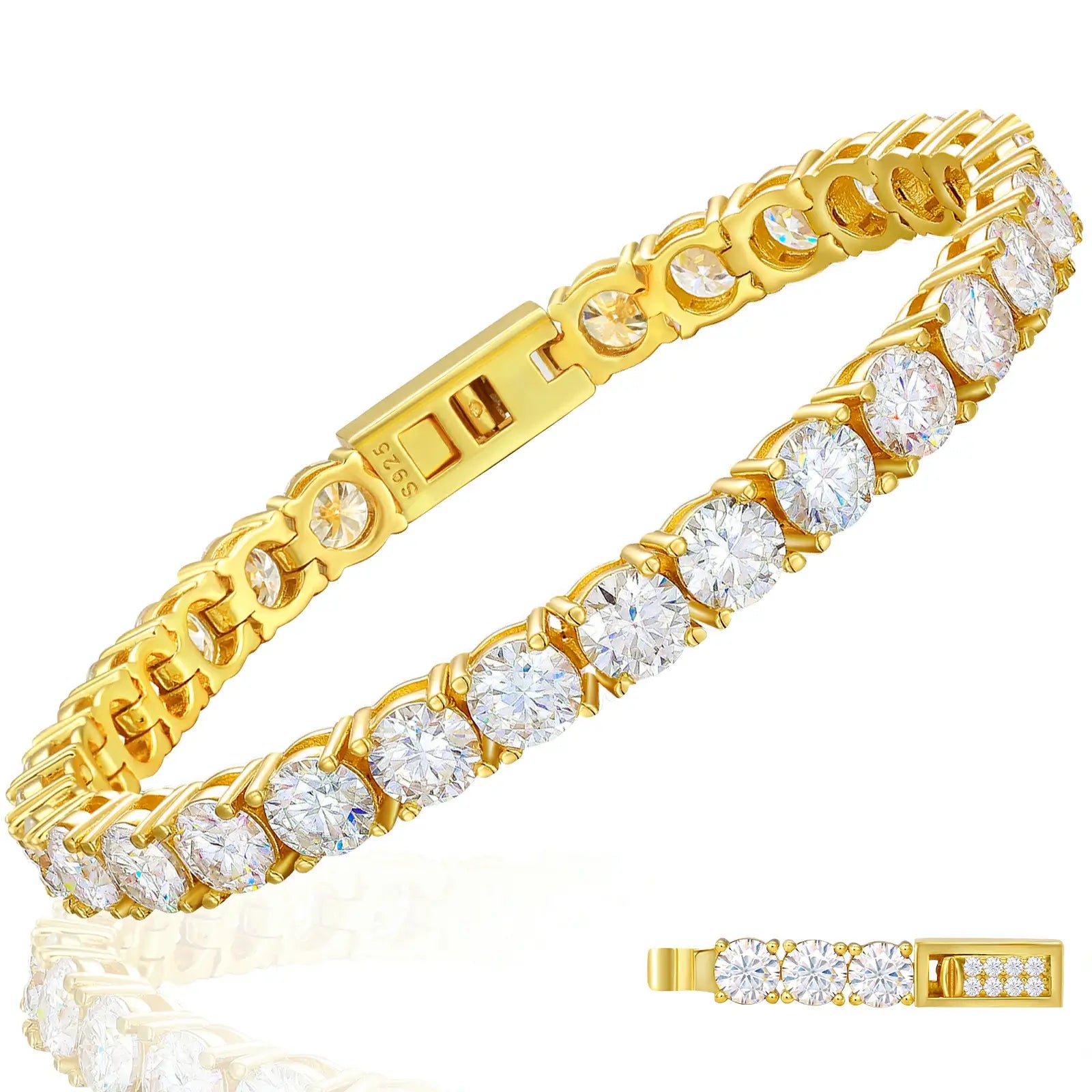 Yellow gold S925 moissanite tennis bracelet - dense stone setting with spring-lock clasp | Waterproof luxury for all occasions