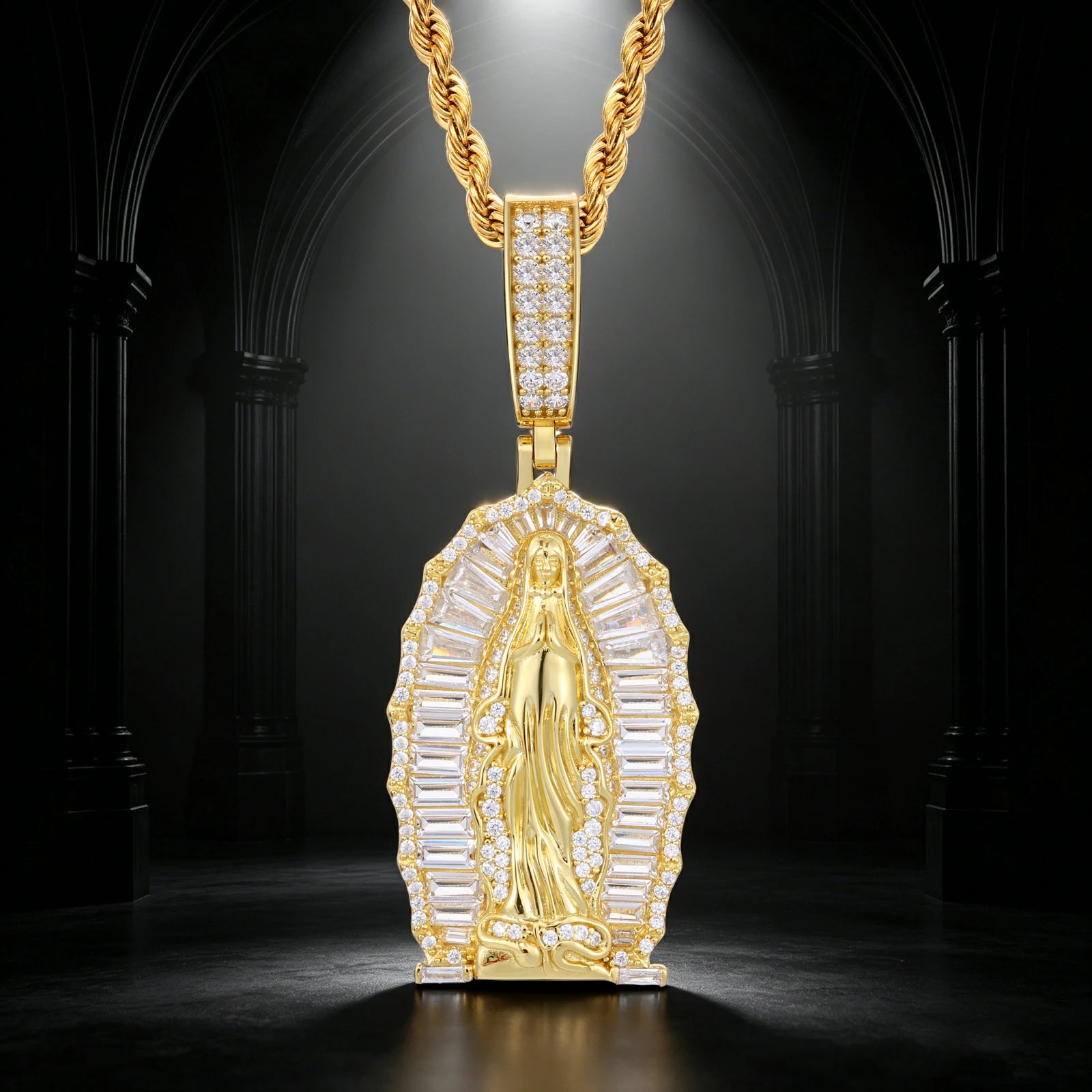 S925 Baguette Moissanite Our Lady of Guadalupe Pendant