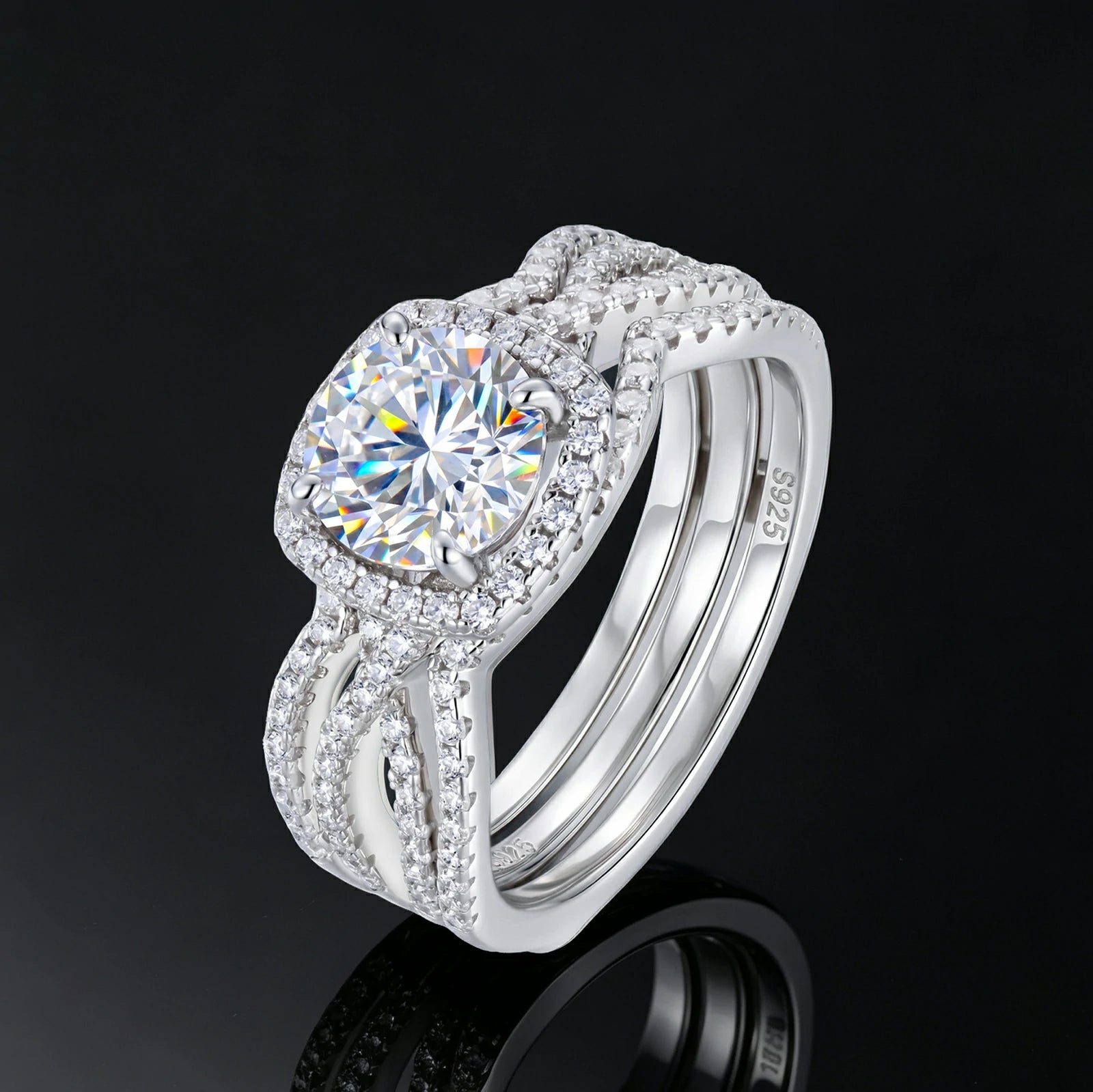 S925 Moissanite 1.2CT Halo Wedding Ring Set