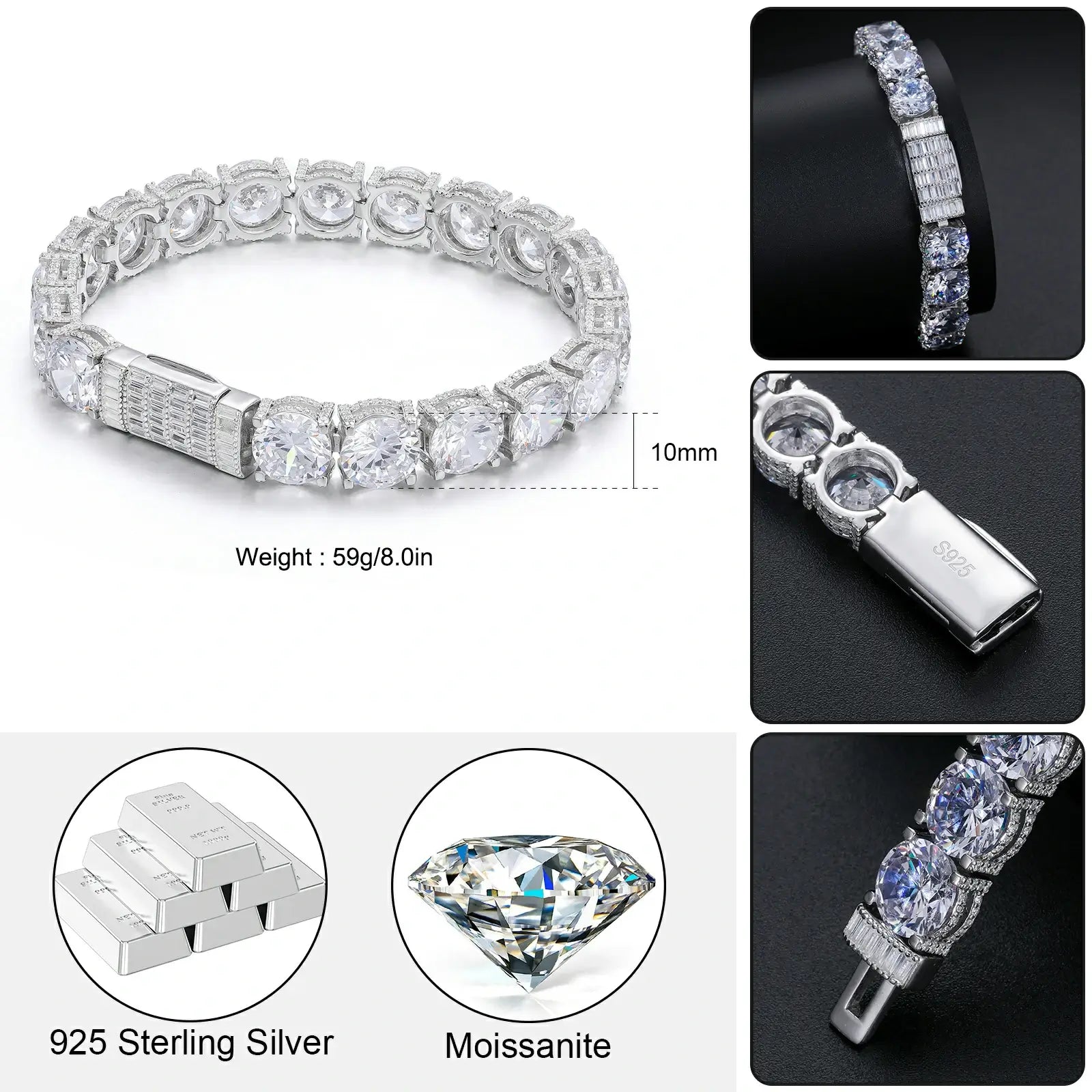 Size chart for 10mm white gold 925 sterling silver moissanite iced out tennis bracelet — width, weight, moissanite grade details