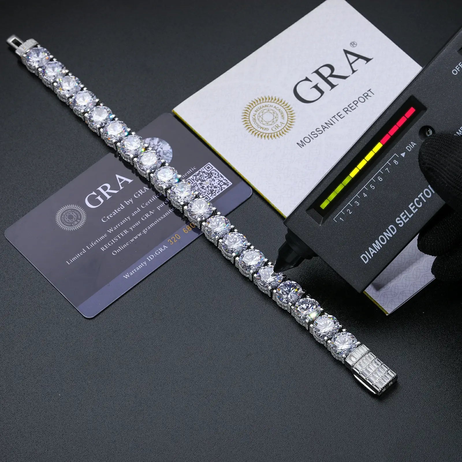 10mm white gold 925 sterling silver moissanite iced out tennis bracelet with diamond tester + GRA certificate on black table — certified moissanite jewelry