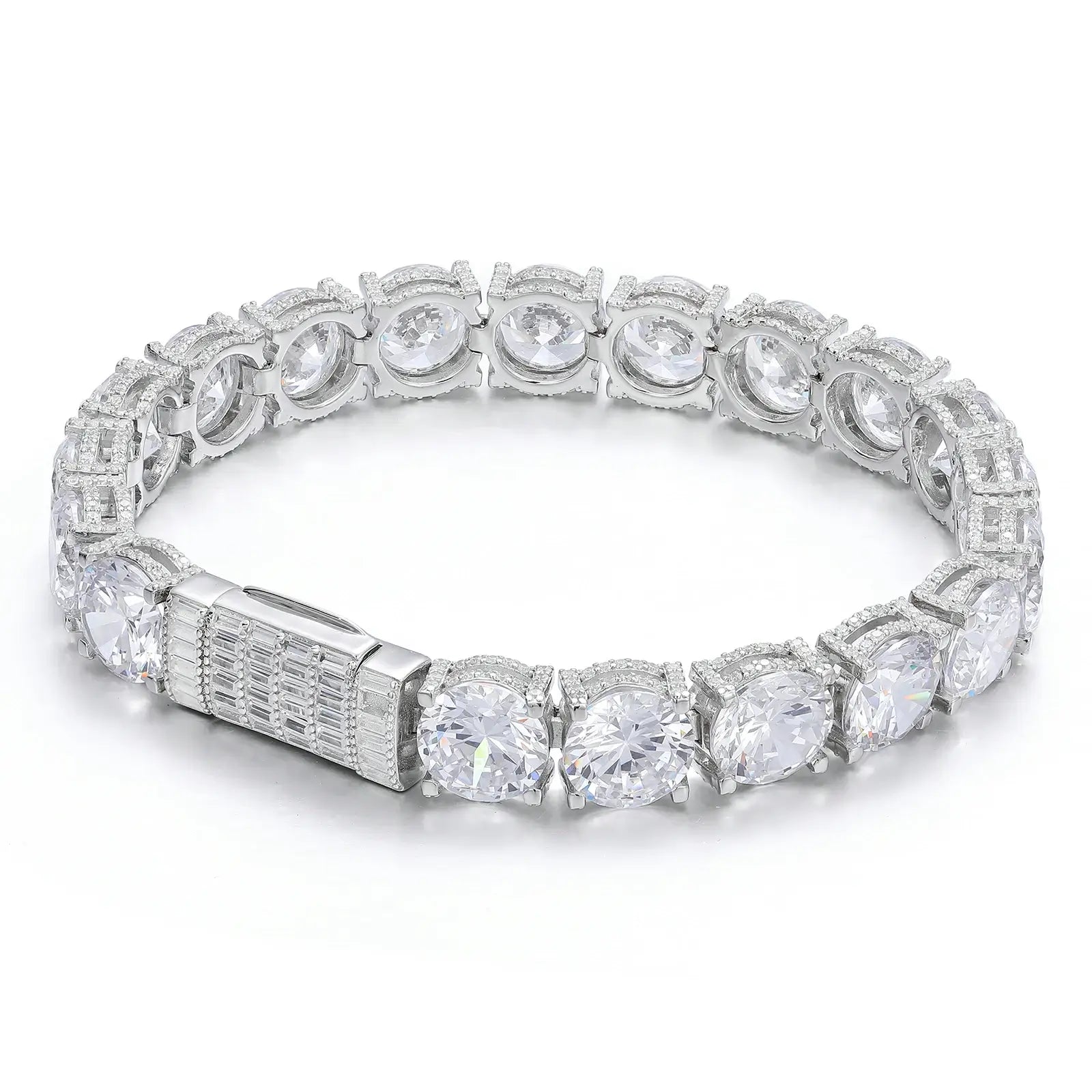 10mm white gold 925 sterling silver moissanite iced out tennis bracelet clasped on white background — elegant hypoallergenic rust - proof jewelry
