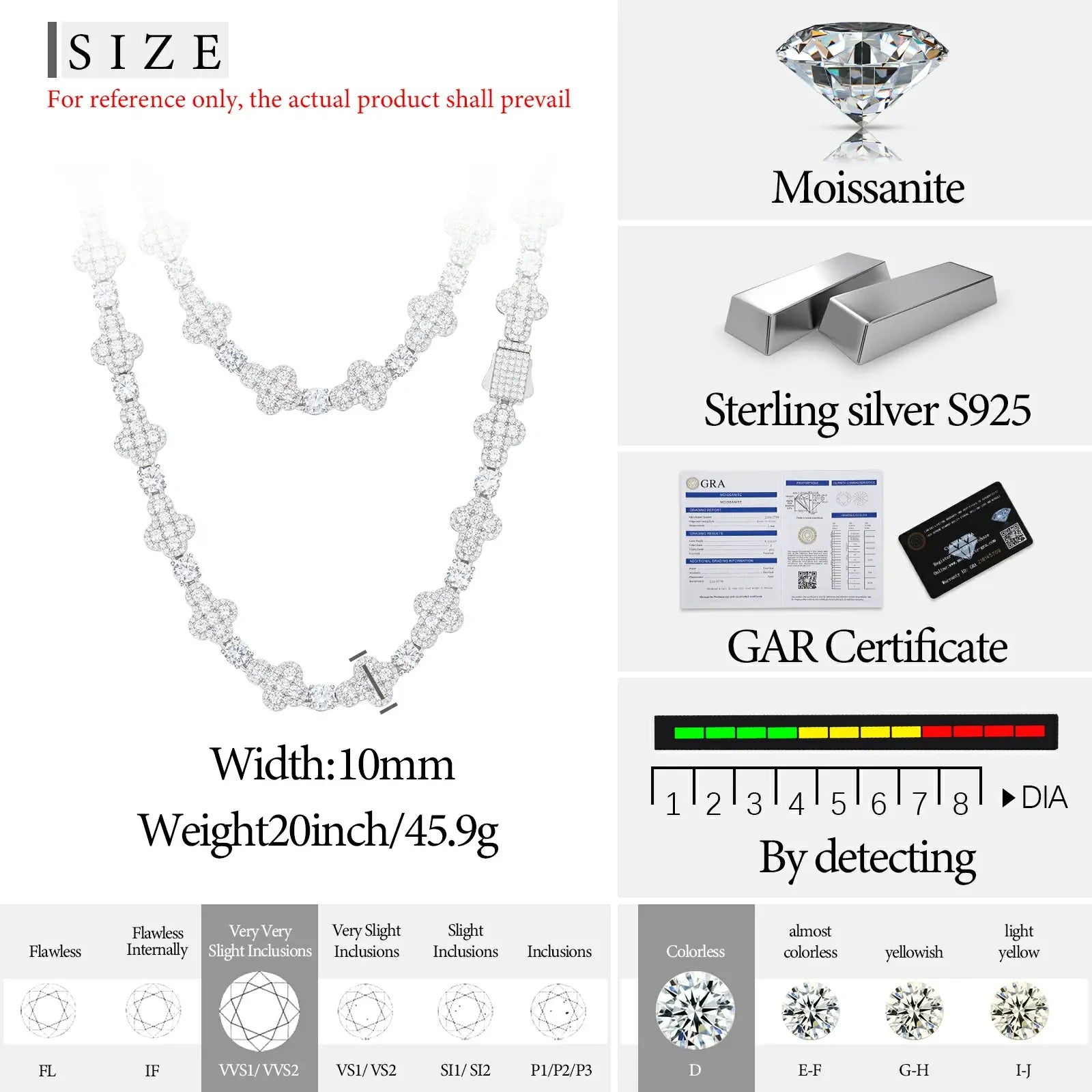 Detailed size chart for 10mm white gold moissanite cross tennis chain - width, length, weight specifications and 925 sterling silver material