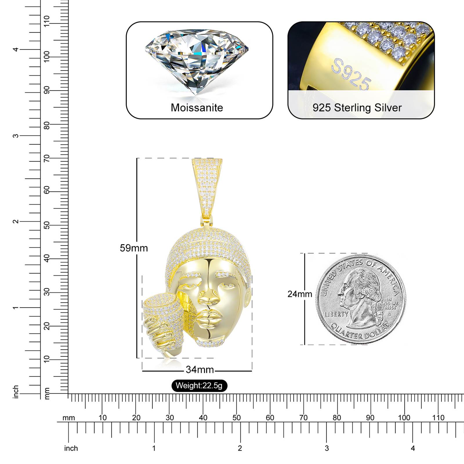 Pendentif tête de rappeur Moissanite S925 avec tasse