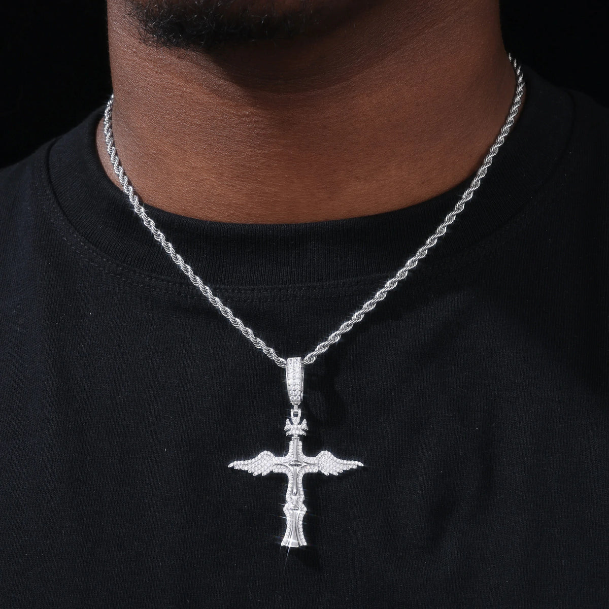S925 Moissanite Scepter Wings Cross Pendant