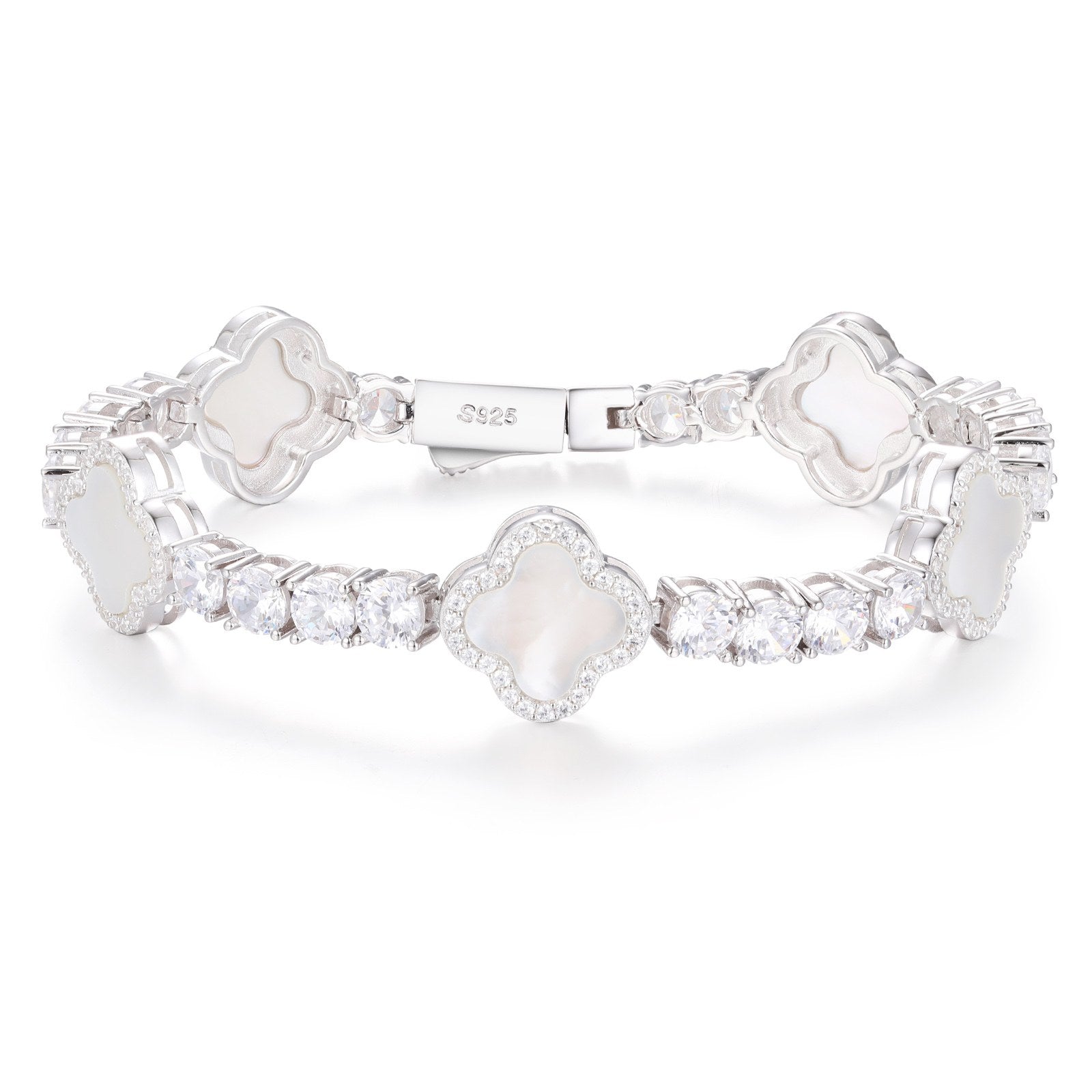 White enamel four-leaf clover bracelet isolated on white background, highlighting moissanite sparkle and enamel craftsmanship.