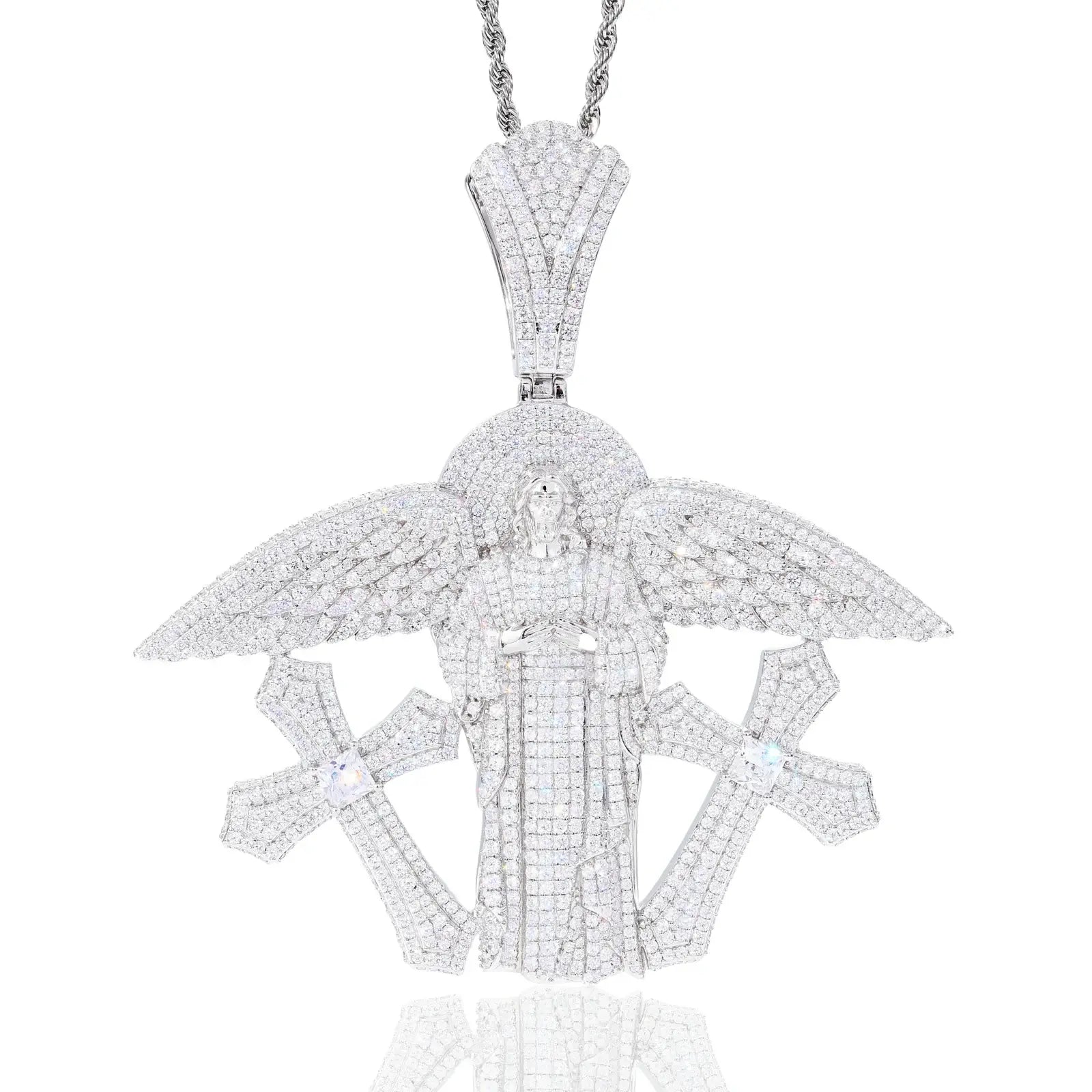 S925 Moissanite Buss Down Jesus Pendant | Angel Wings Double Cross