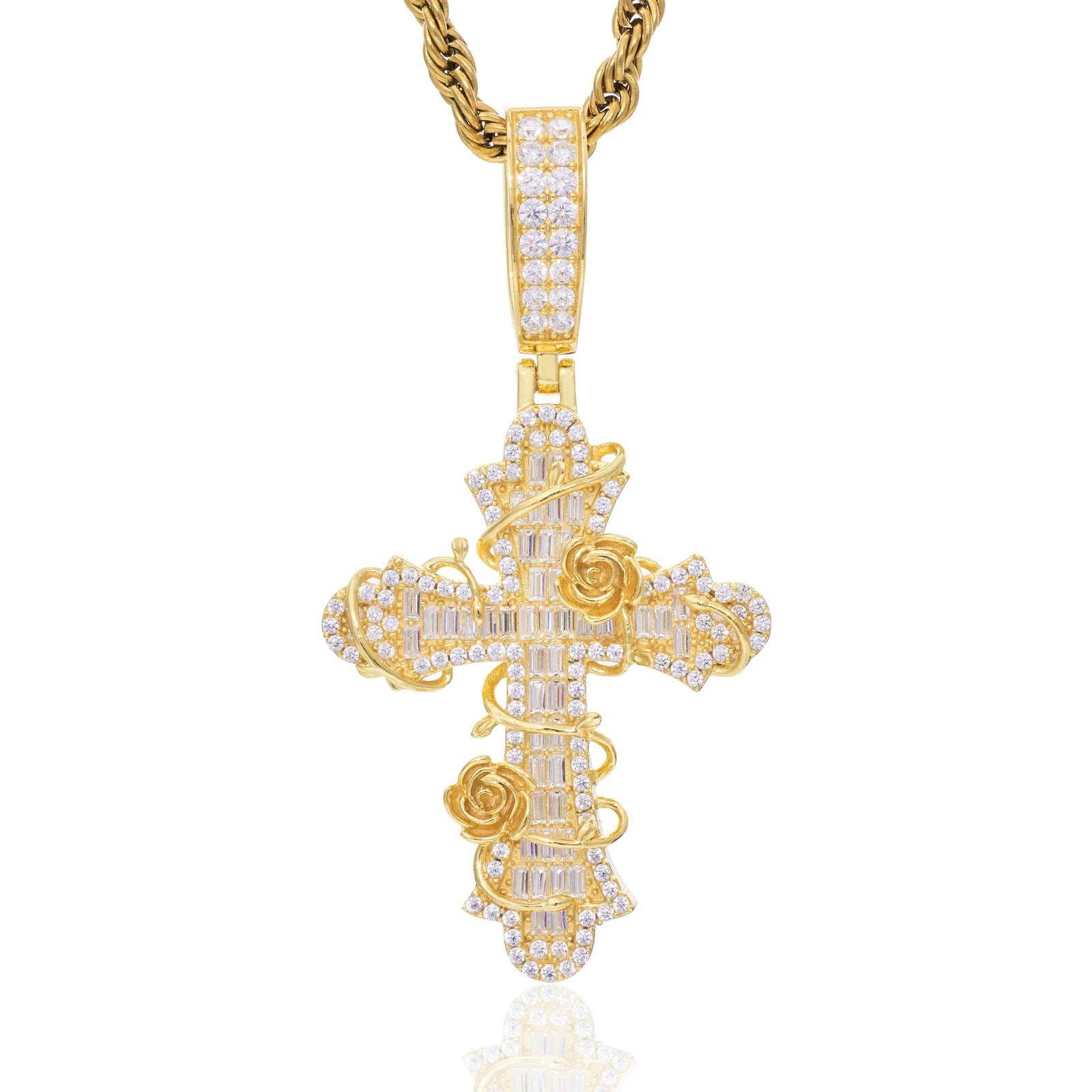 S925 Baguette Moissanite Rose Cross Pendant
