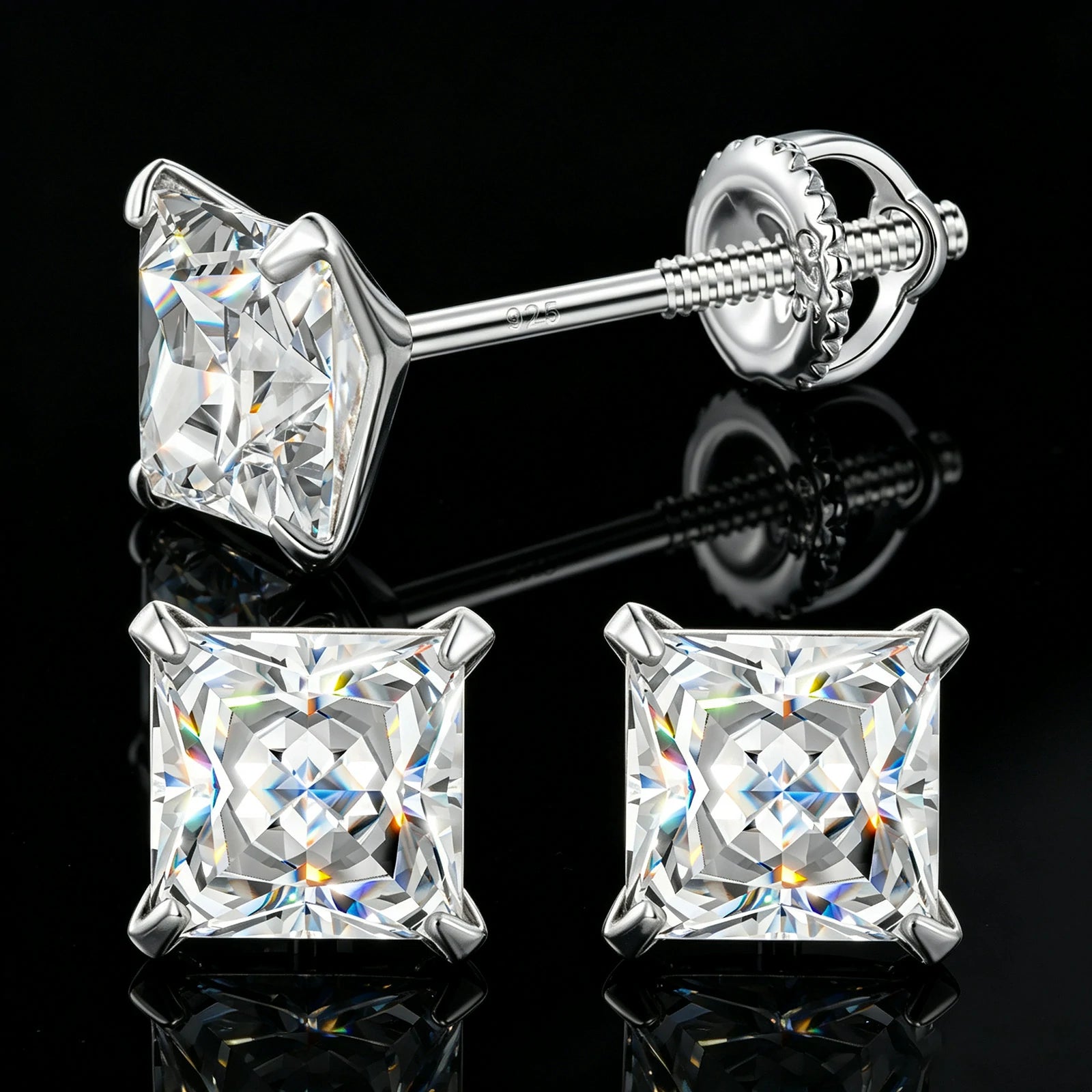 S925 Princess Cut Moissanite Solitaire Stud Earrings