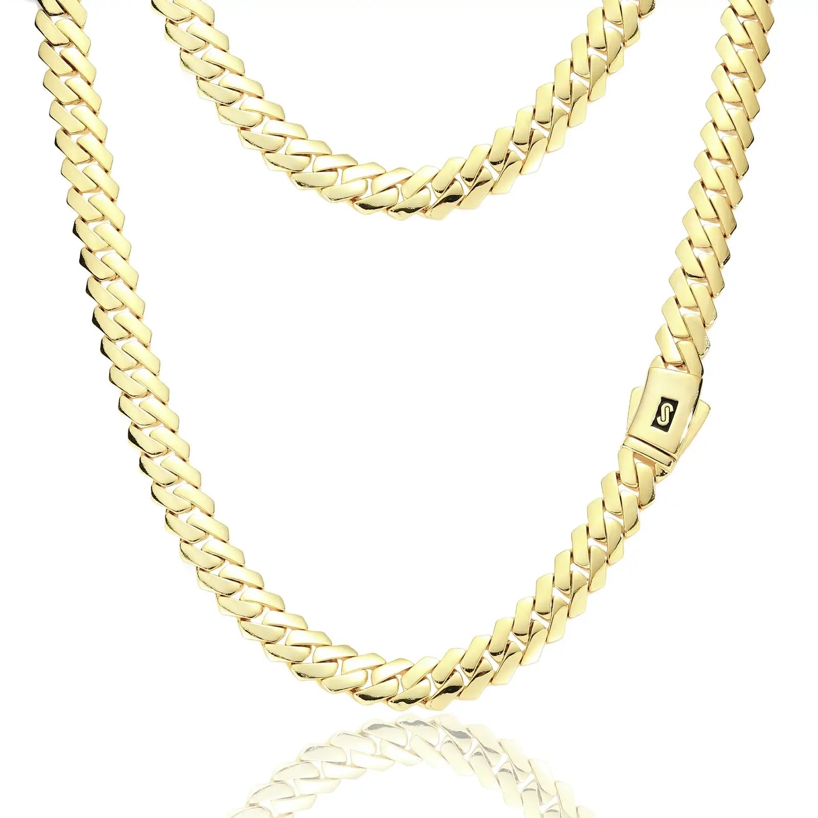 14K gold Monaco Cuban chain isolated - 12mm polished links with EDGE lock | Hypoallergenic luxury necklace