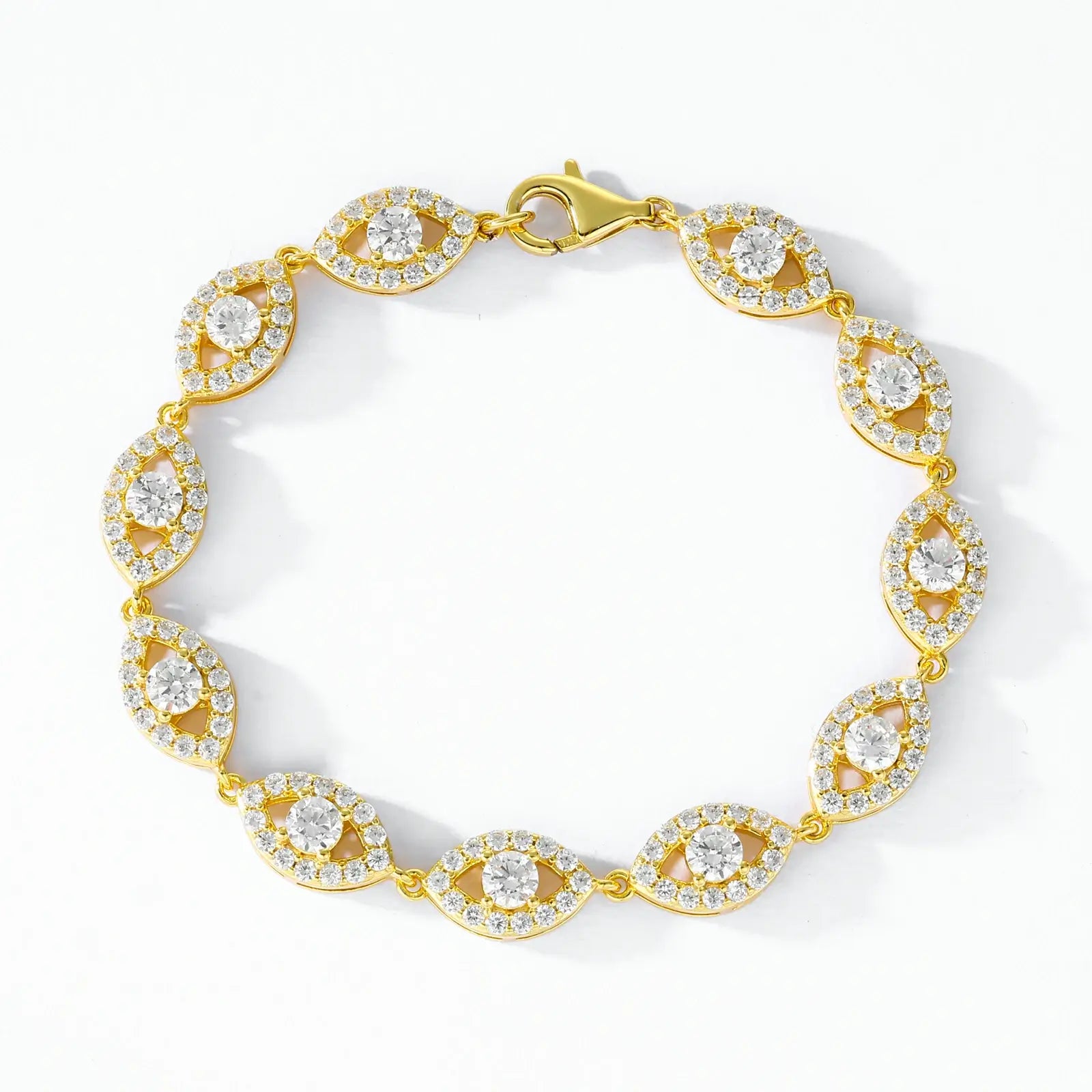 14K yellow gold evil eye bracelet on white background - 500hr salt-test evidence with 5μm plating | Hypoallergenic fortress