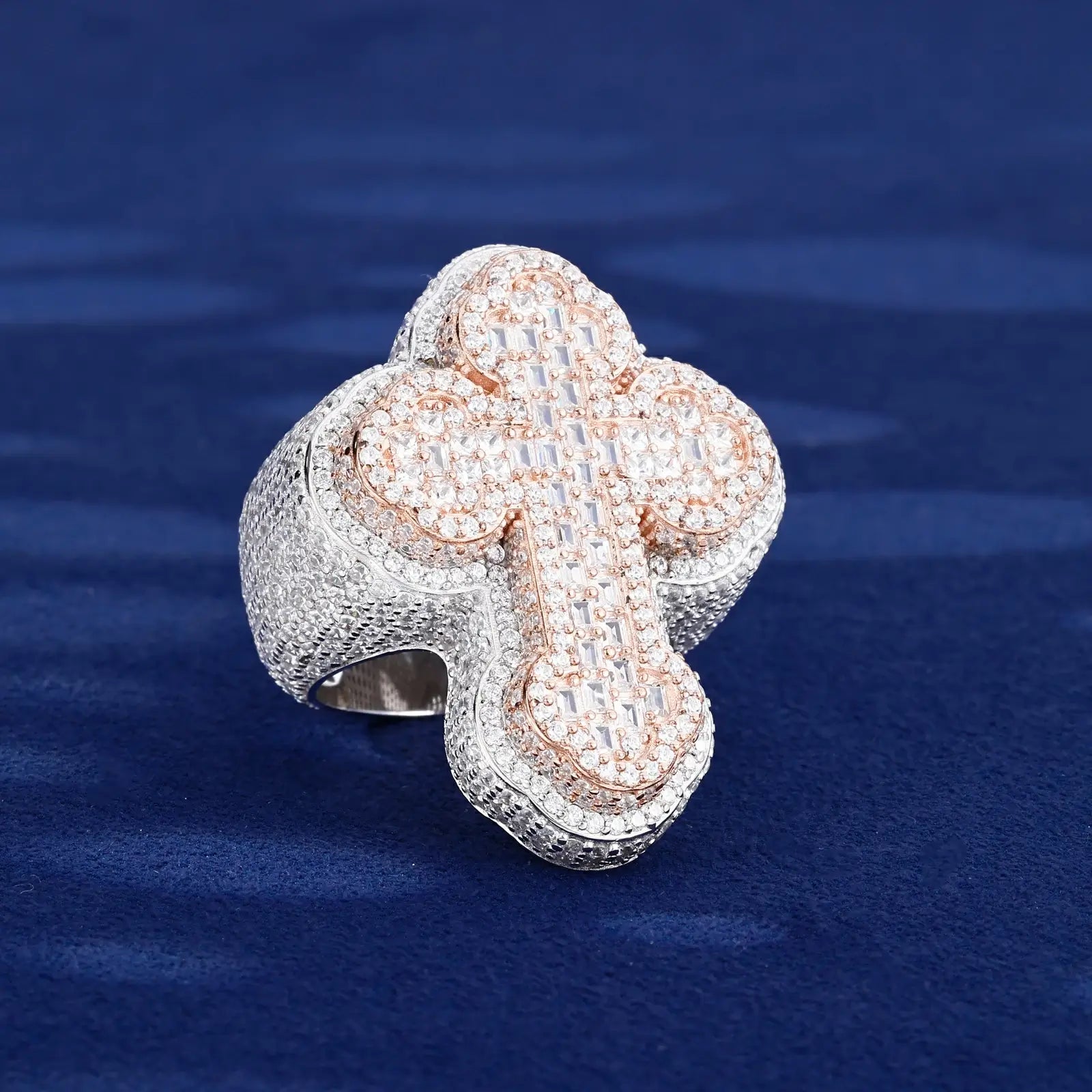 S925 Baguette Moissanite 2 Tone Cross Ring