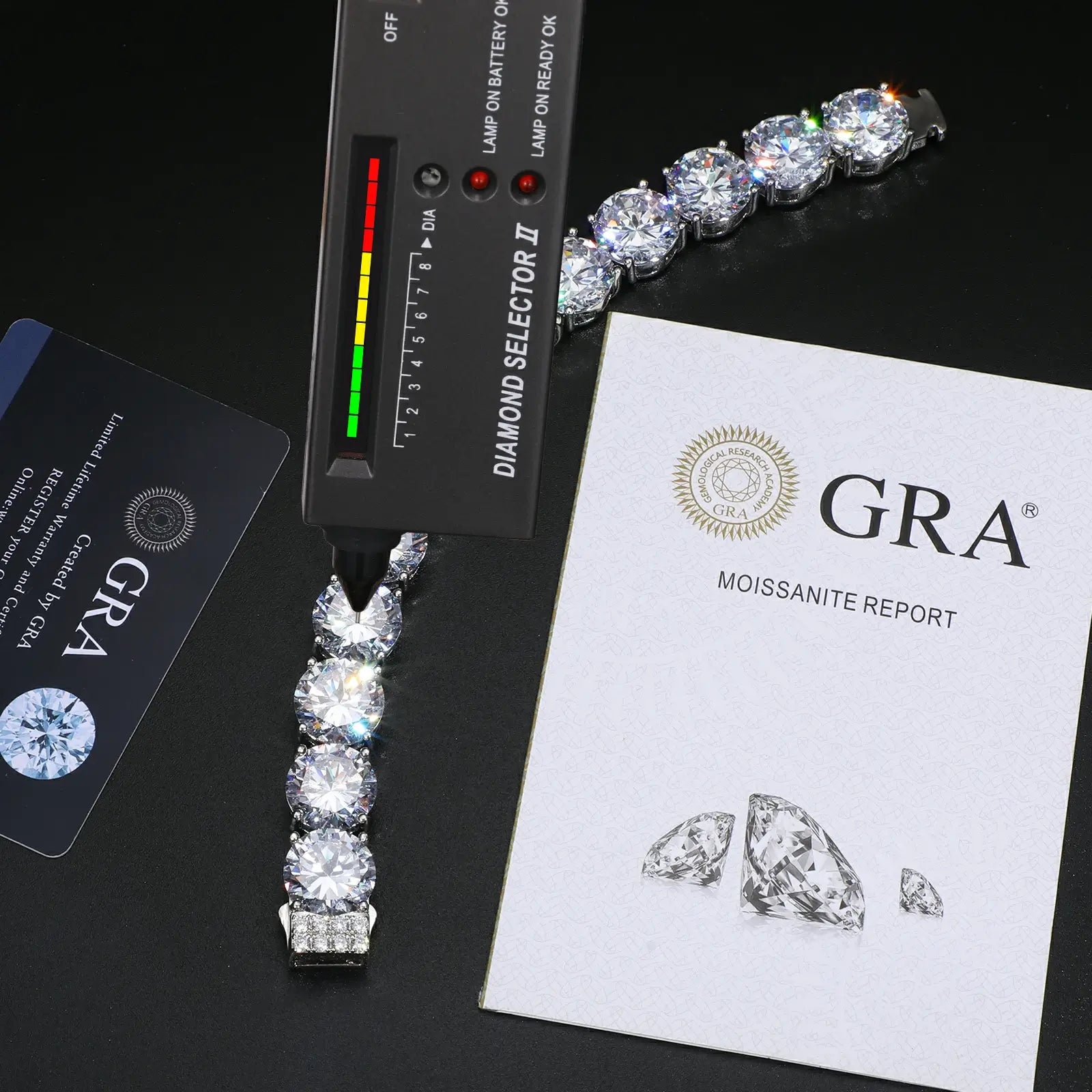 Diamond tester and GRA certificate verifying 15mm moissanite tennis bracelet - authentic 925 sterling silver with premium quality assurance