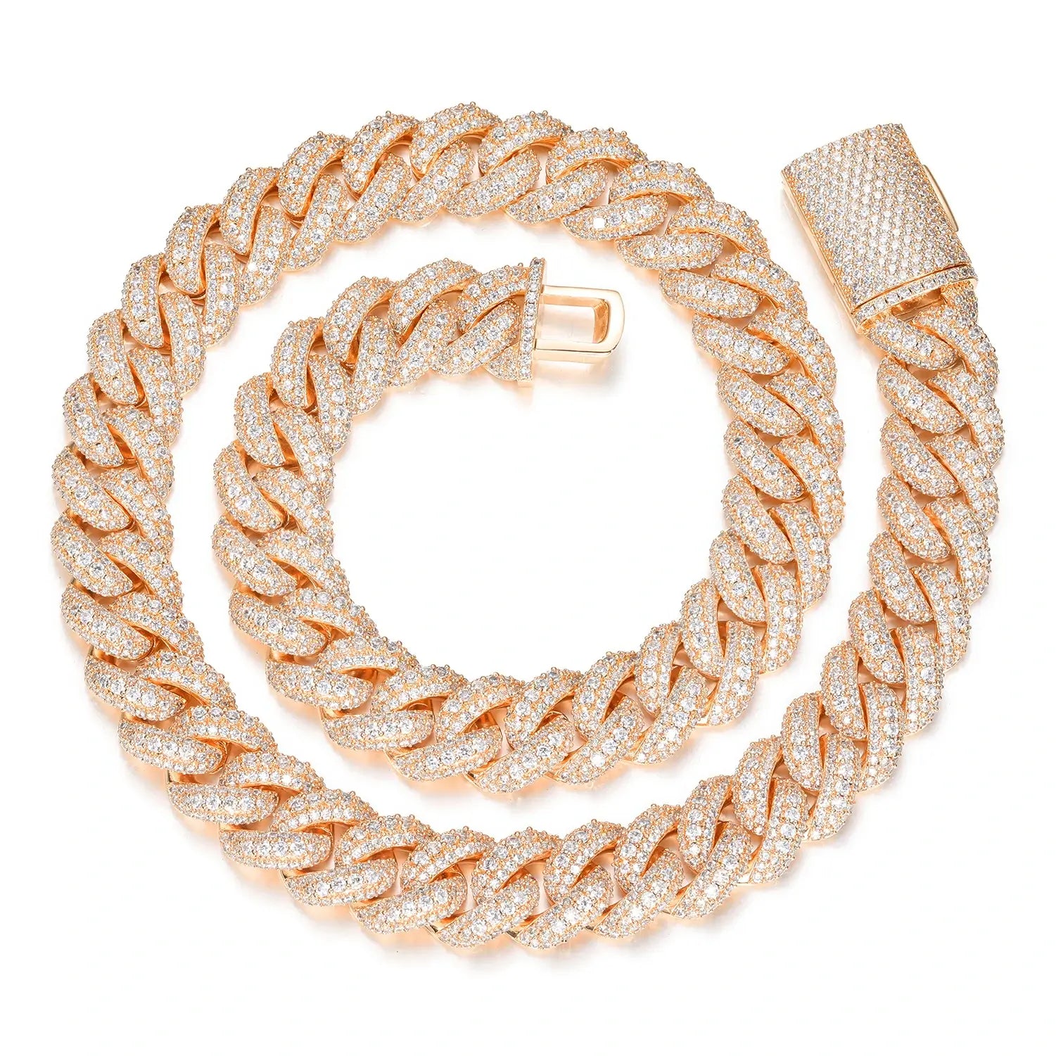 15mm rose gold Cuban chain with three rows of moissanite stones, blending modern elegance and romantic hues for unique jewelry enthusiasts.