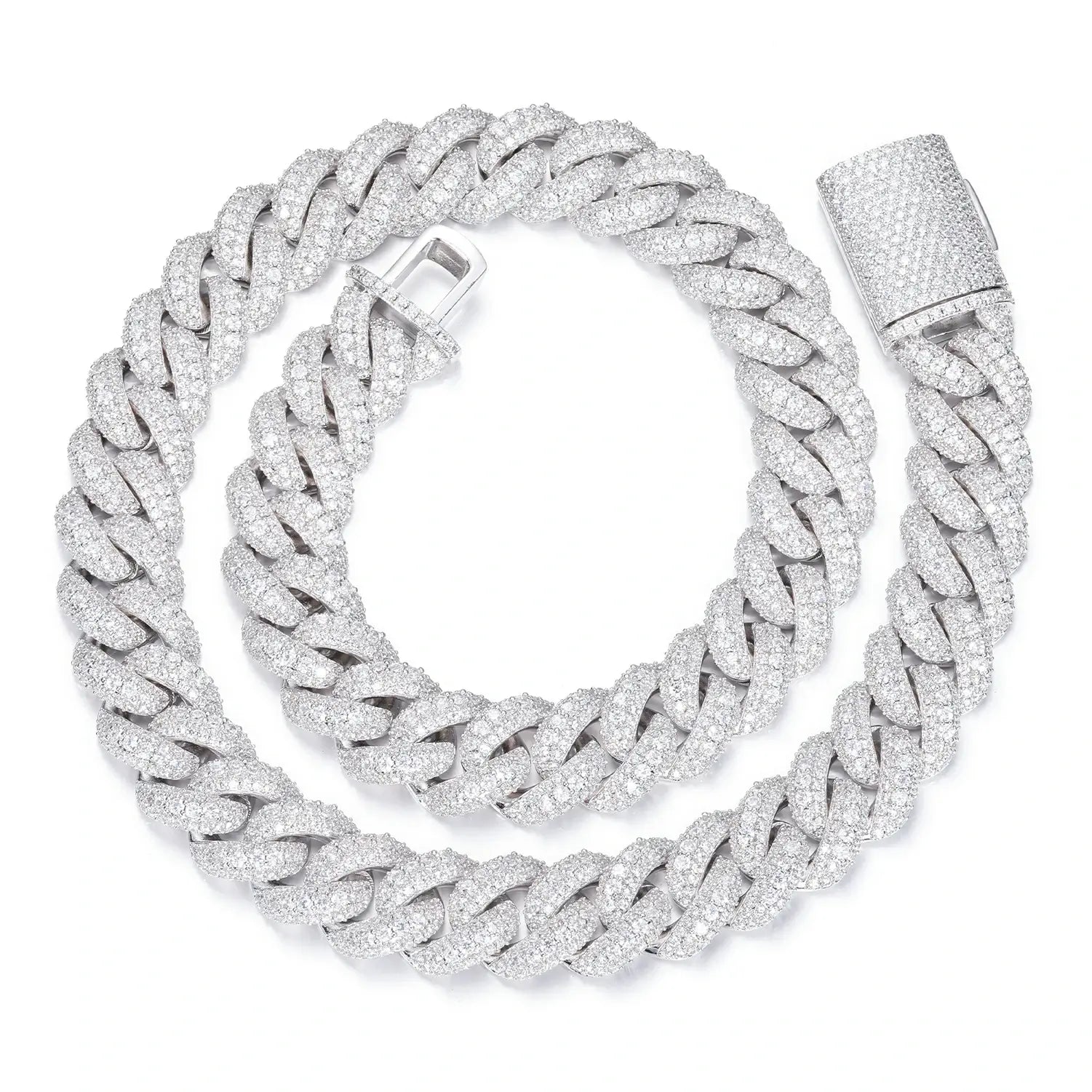 15mm white gold Cuban chain with three rows of moissanite stones on a clean white background, emphasizing its rhodium-plated shine and bold width.