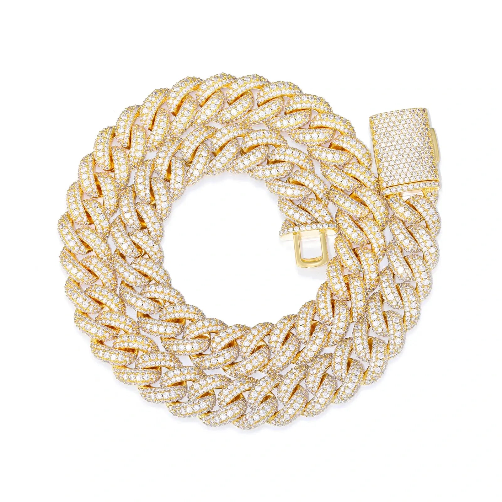 15mm yellow gold Cuban link chain with lab-created moissanite stones, radiating warm-toned luxury and timeless appeal on white background.