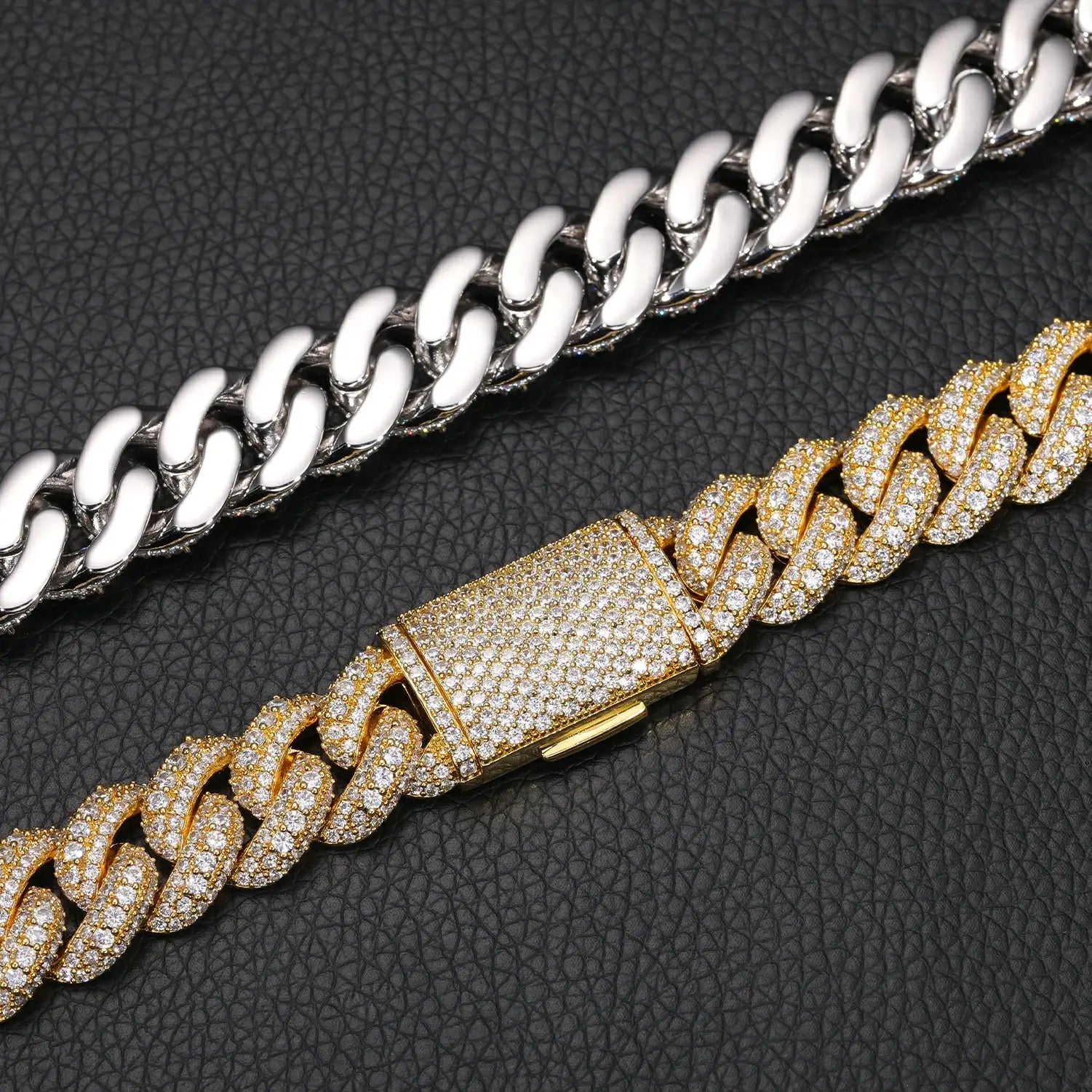 Side-by-side comparison of white gold and yellow gold lobster clasps on 15mm moissanite Cuban chains, showcasing color options and secure closure.