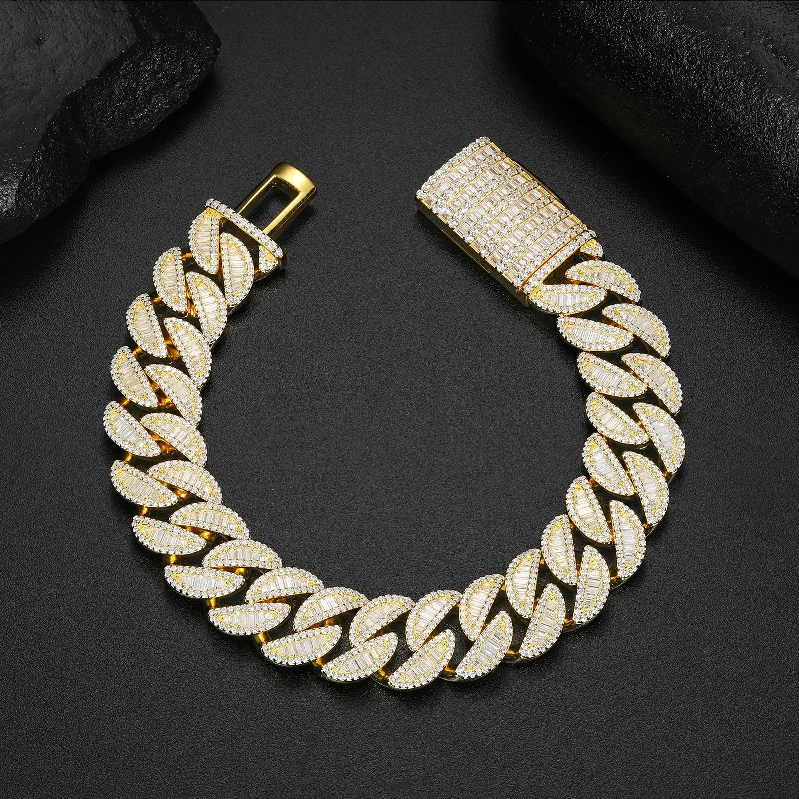 Full design view of 15mm yellow gold 925 silver baguette moissanite Cuban link bracelet — showcasing baguette moissanite rows, Cuban link structure