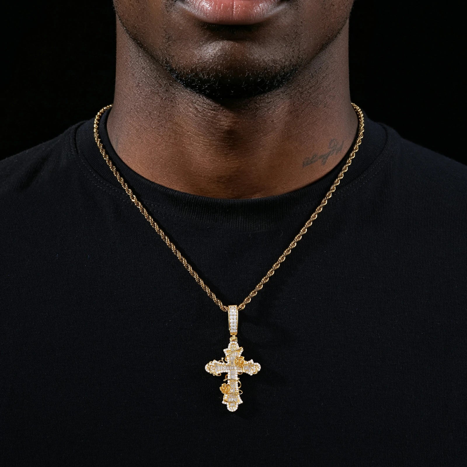 S925 Baguette Moissanite Rose Cross Pendant