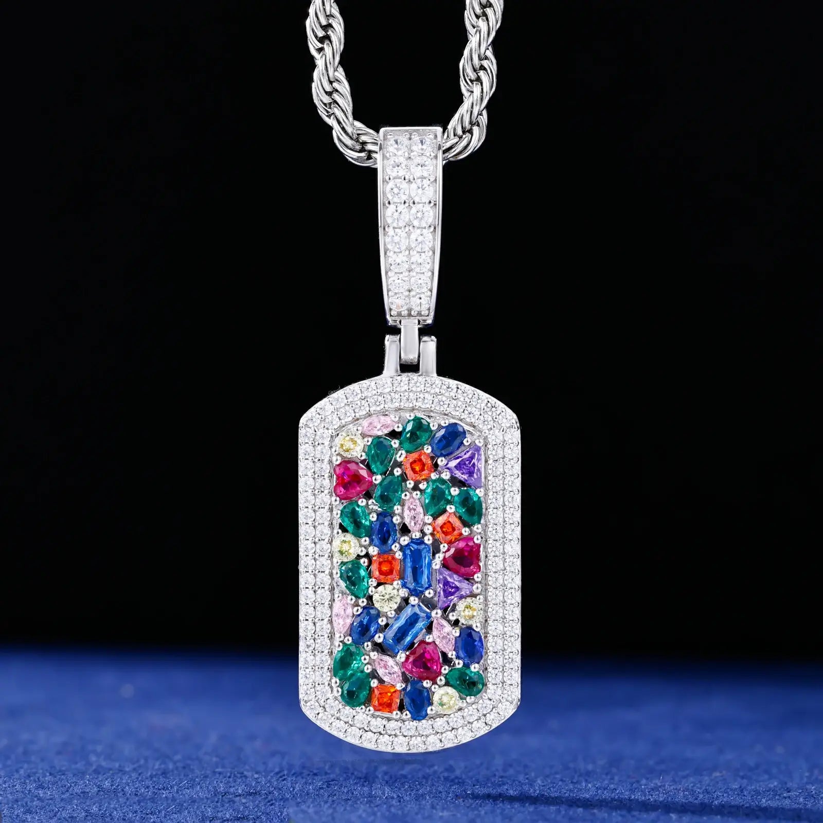 S925 Moissanite Colorful Gemstone Dog Tag Pendant