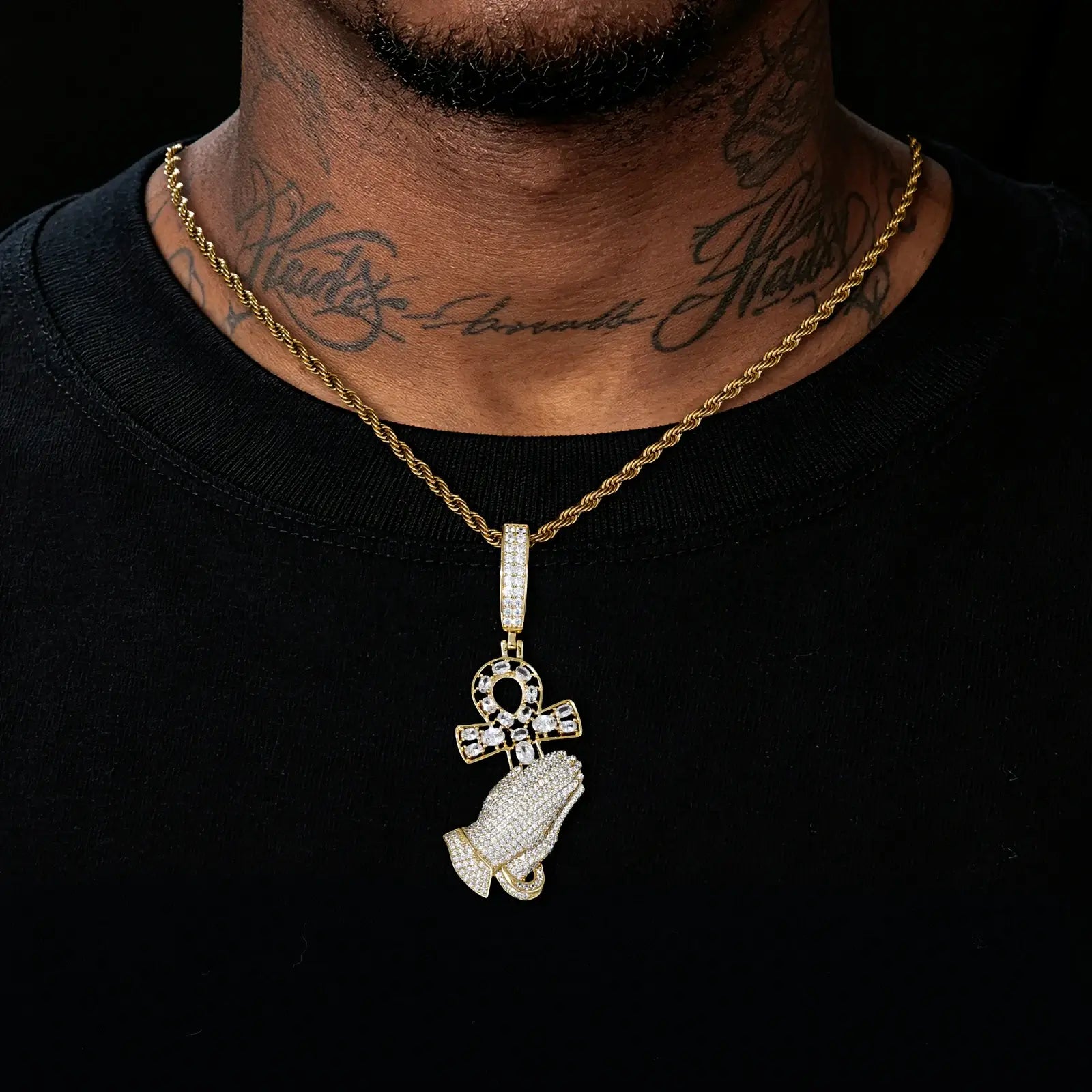 S925 Moissanite Pray Hand and Ankh Cross Pendant
