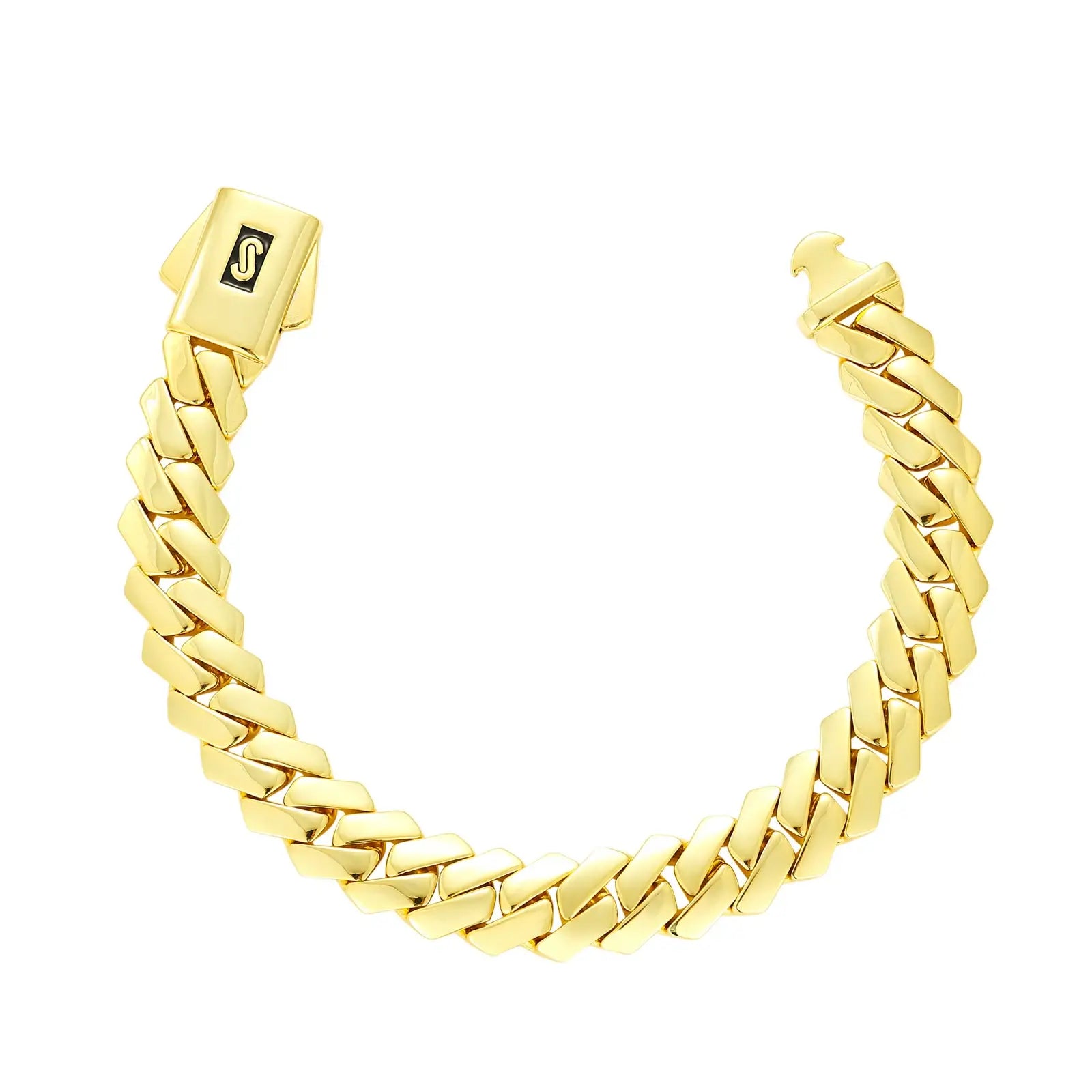 18K gold Monaco Cuban bracelet isolated - 12mm polished links with EDGE lock | Hypoallergenic luxury chain