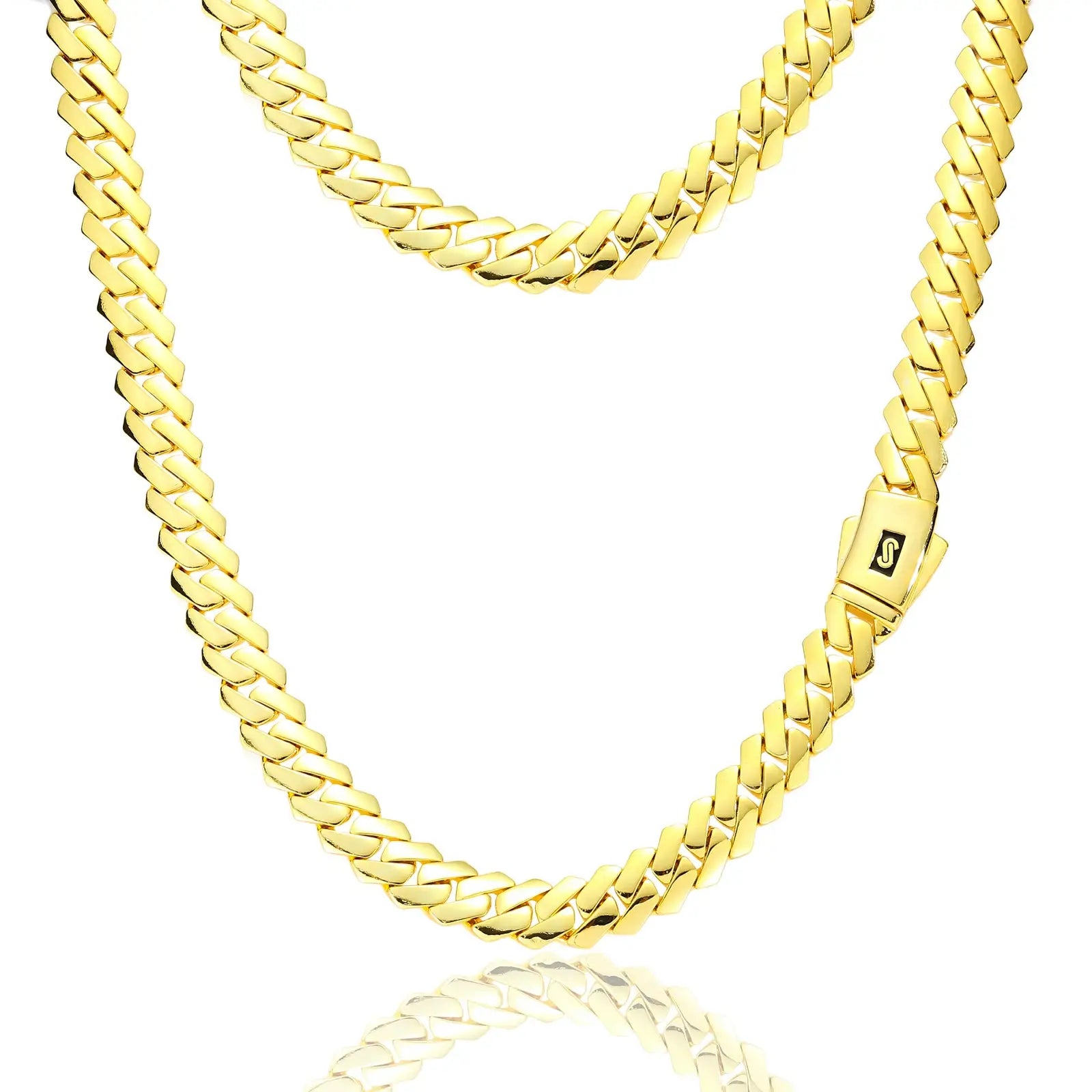 18K gold Monaco Cuban chain isolated - 12mm polished links with EDGE lock | Hypoallergenic luxury necklace