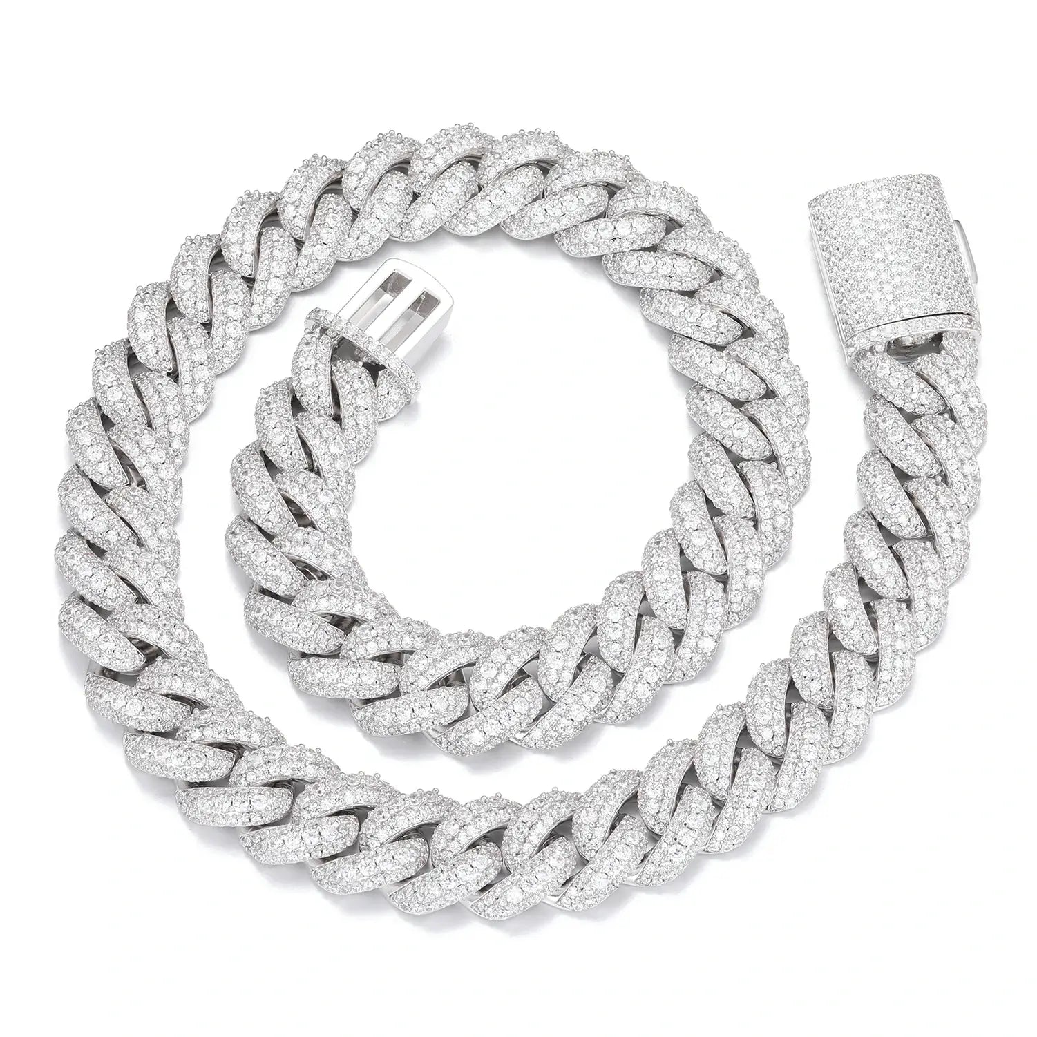 18mm white gold Cuban link chain with moissanite stones on white background, highlighting brilliant rhodium plating and diamond-like sparkle.
