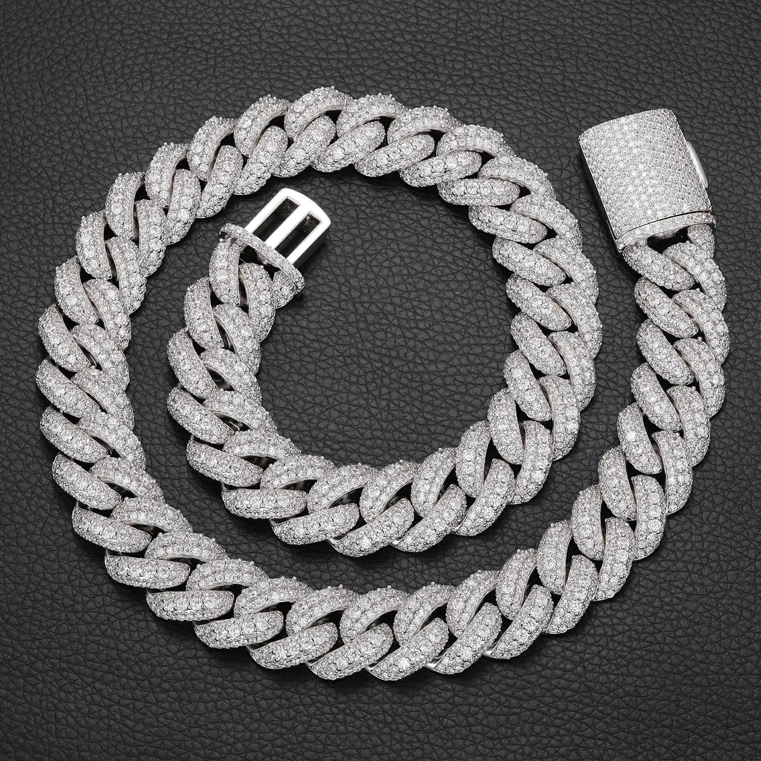 Full-length view of 18mm S925 Cuban chain with three rows of lab-created moissanite stones, emphasizing bold width and sparkling bubble link design.