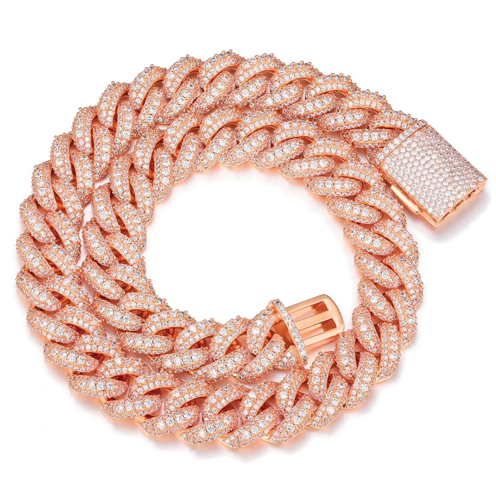 Rose gold 18mm Cuban link chain with lab-created moissanite stones, ideal for warm-toned jewelry enthusiasts wanting a unique, eye-catching statement piece.