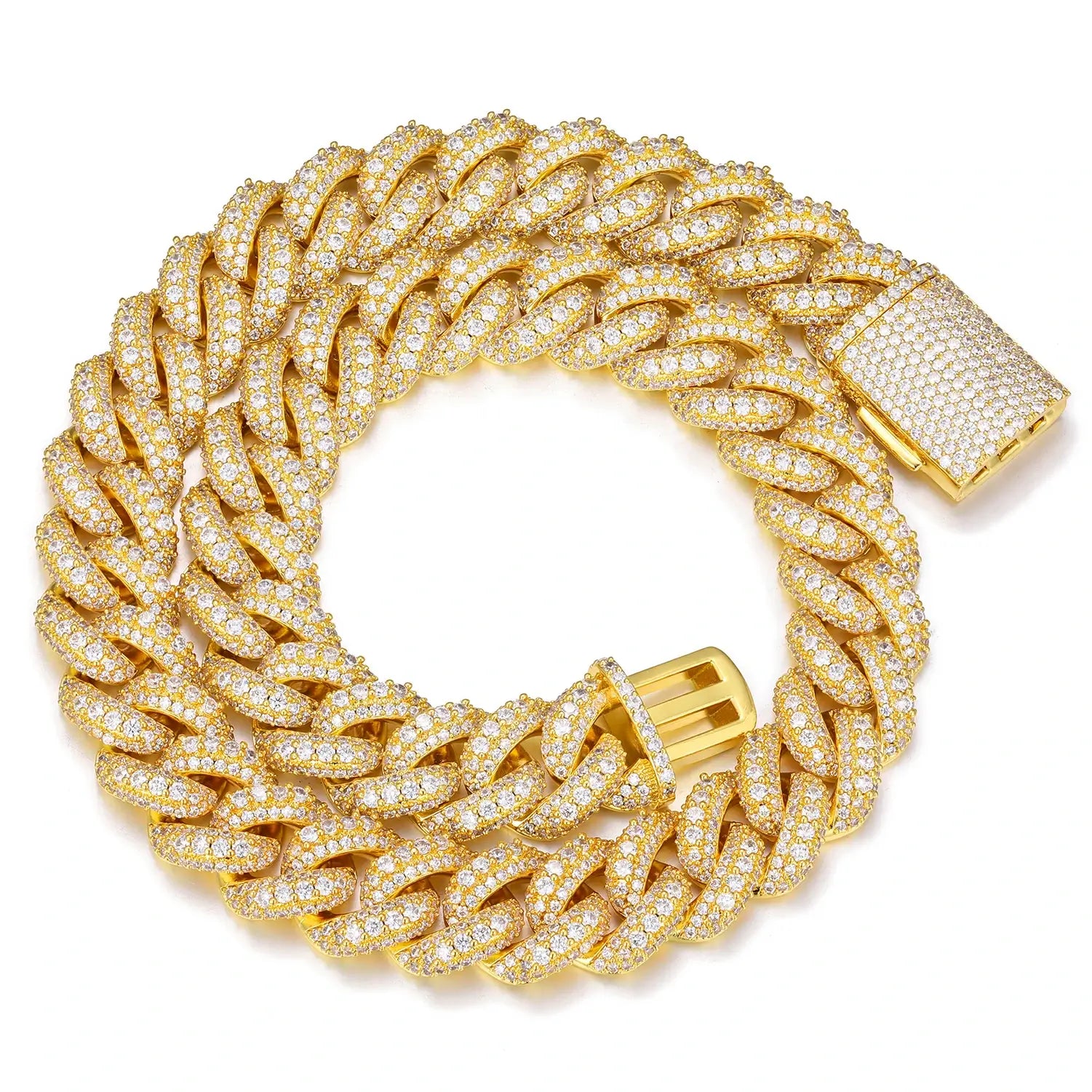 18mm yellow gold Cuban chain with three rows of moissanite stones, perfect for bold jewelry lovers seeking timeless luxury and durability.