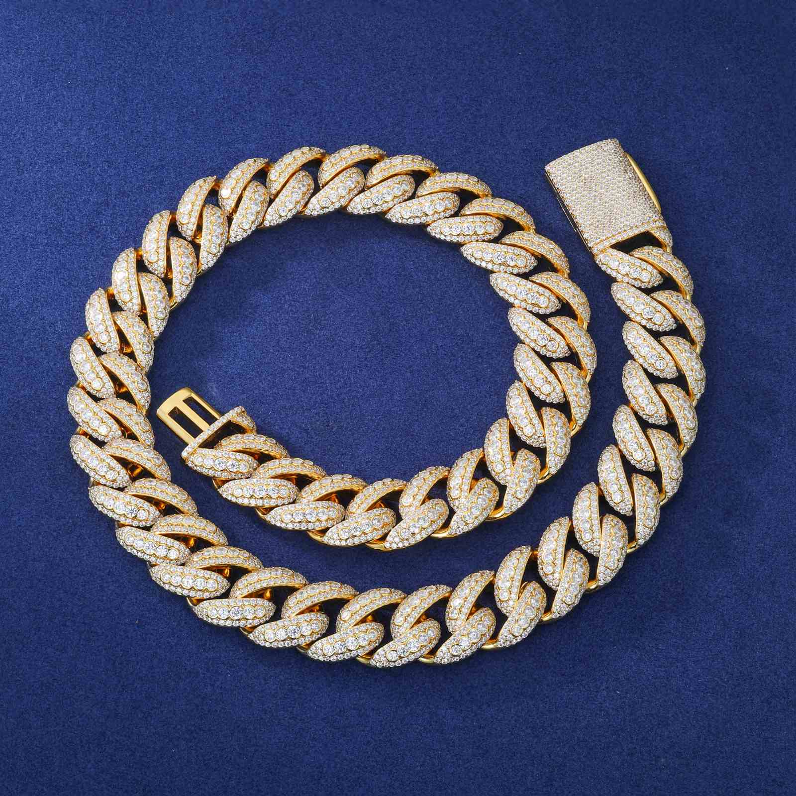 Luxury 18mm yellow gold Cuban chain with celestial-inspired bubble links and full-pave zirconia stones. Eco-brass core, scratch-resistant plating, and hip-hop-ready durability